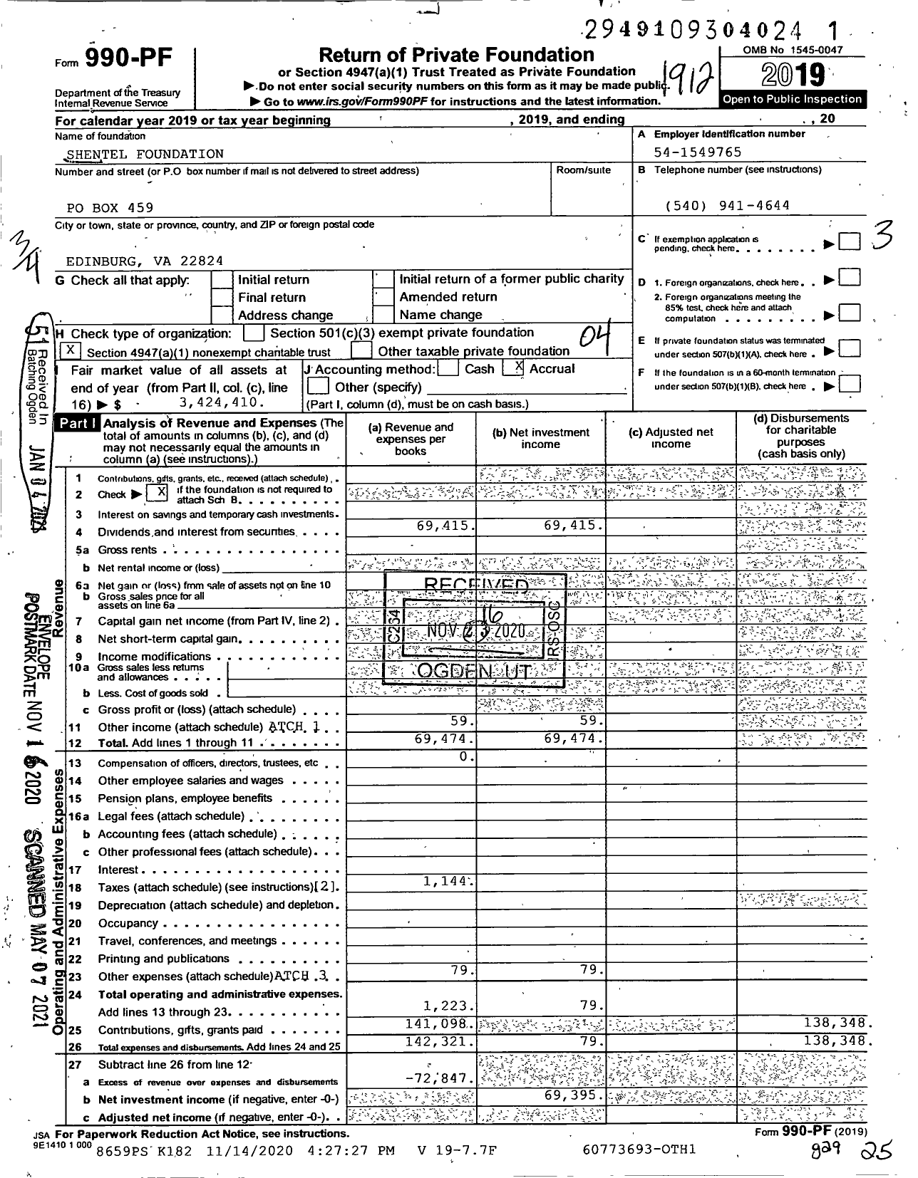 Image of first page of 2019 Form 990PF for ShenTel Foundation