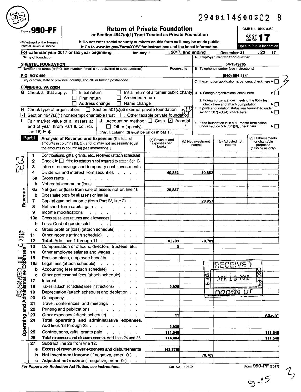 Image of first page of 2017 Form 990PF for ShenTel Foundation