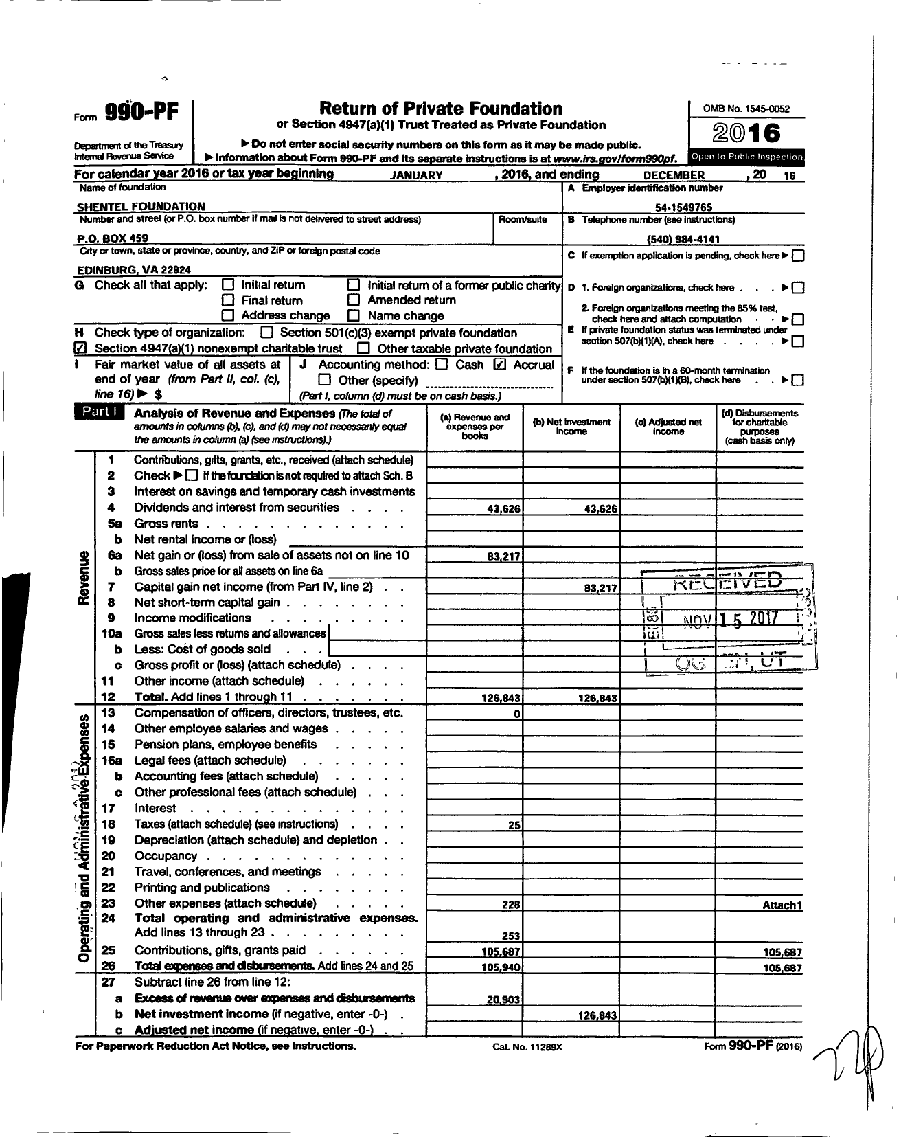 Image of first page of 2016 Form 990PF for ShenTel Foundation