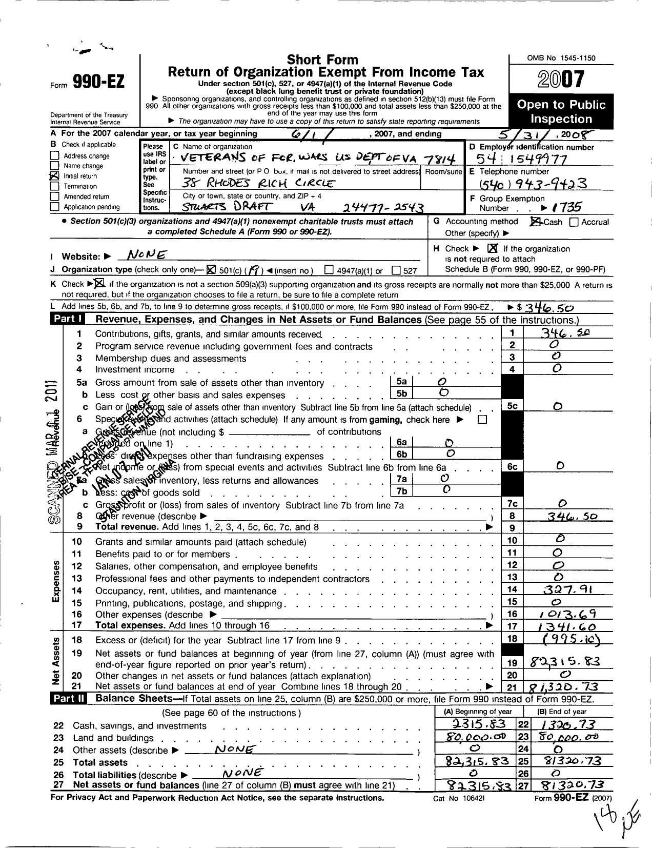 Image of first page of 2007 Form 990EO for VFW Virginia - 7814 Staunton