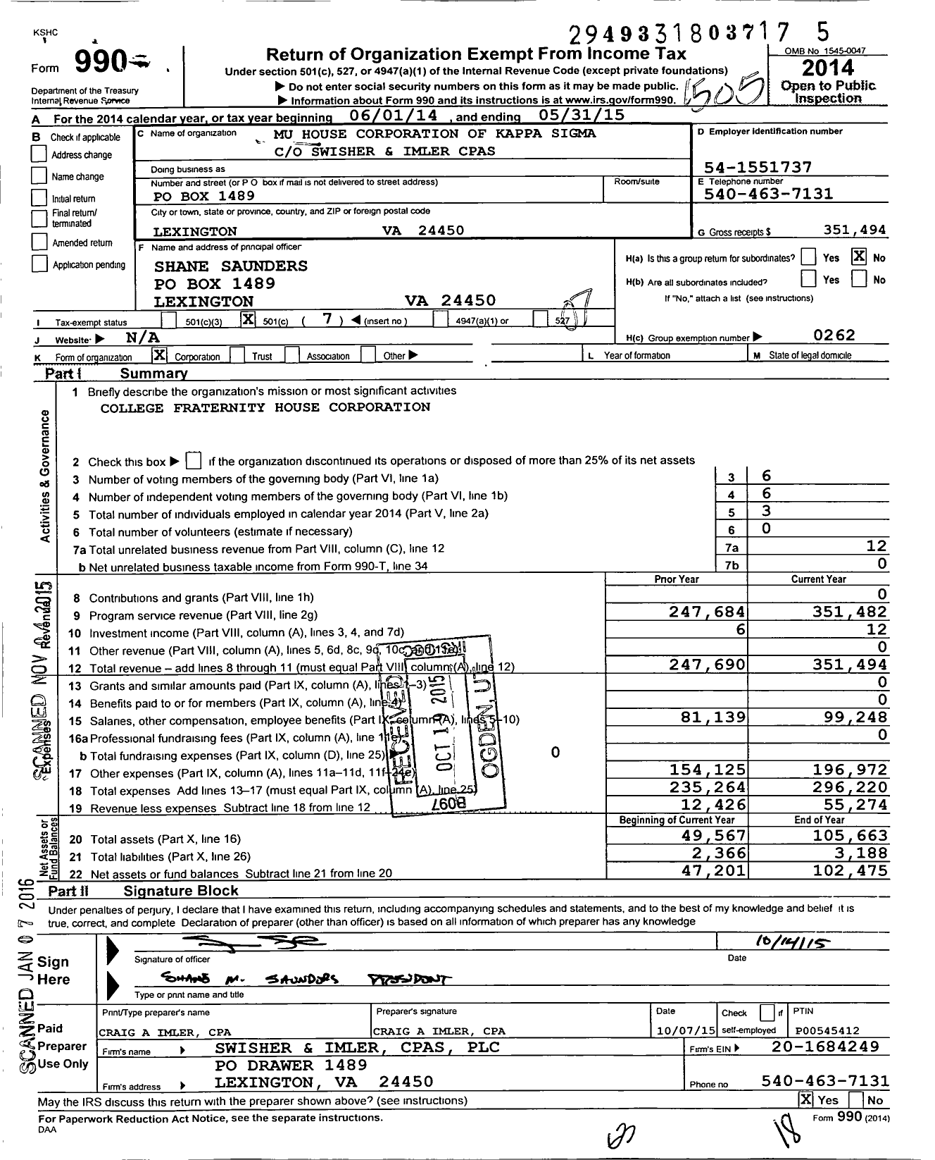 Image of first page of 2014 Form 990O for Mu House Corporation of Kappa Sigma