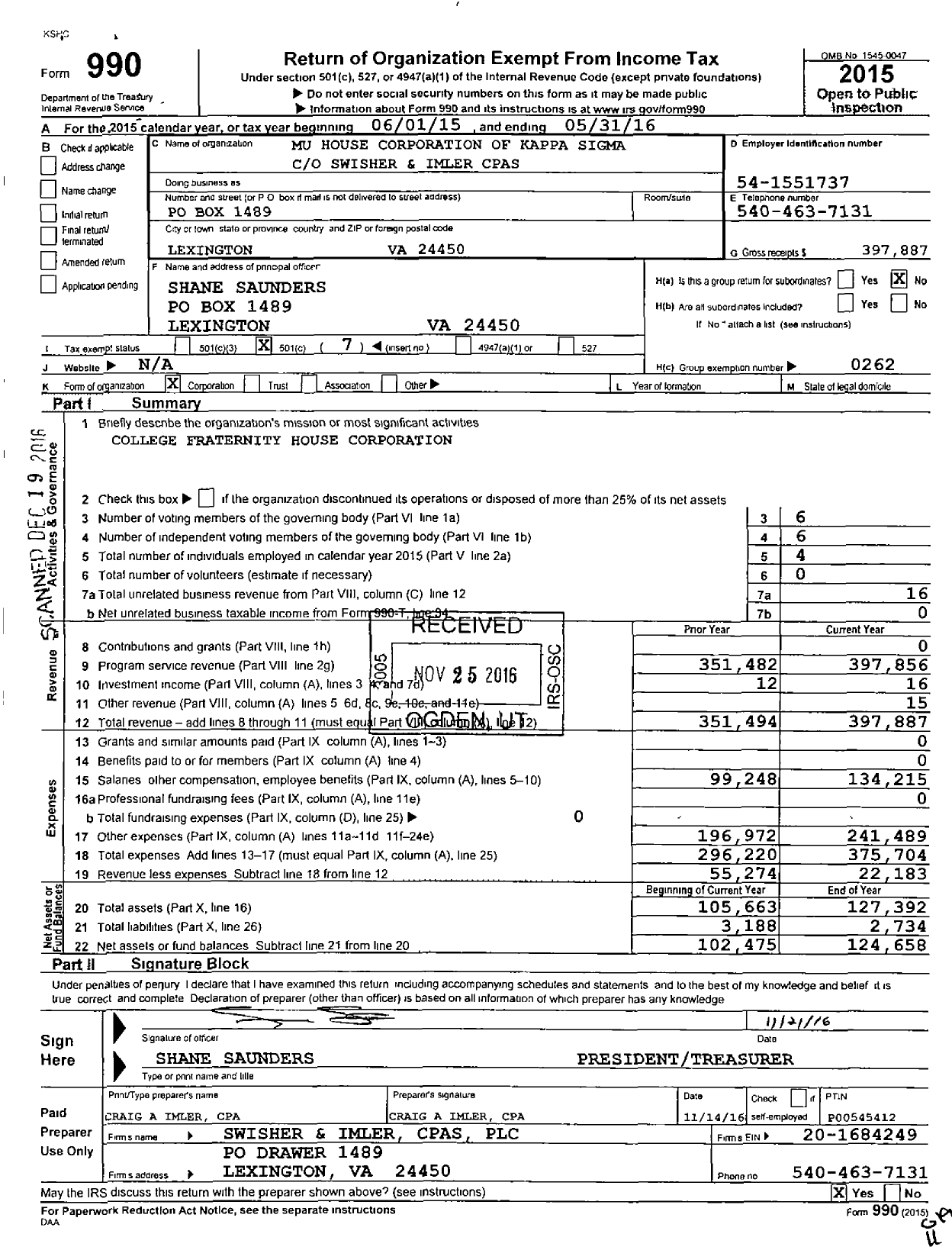 Image of first page of 2015 Form 990O for Mu House Corporation of Kappa Sigma