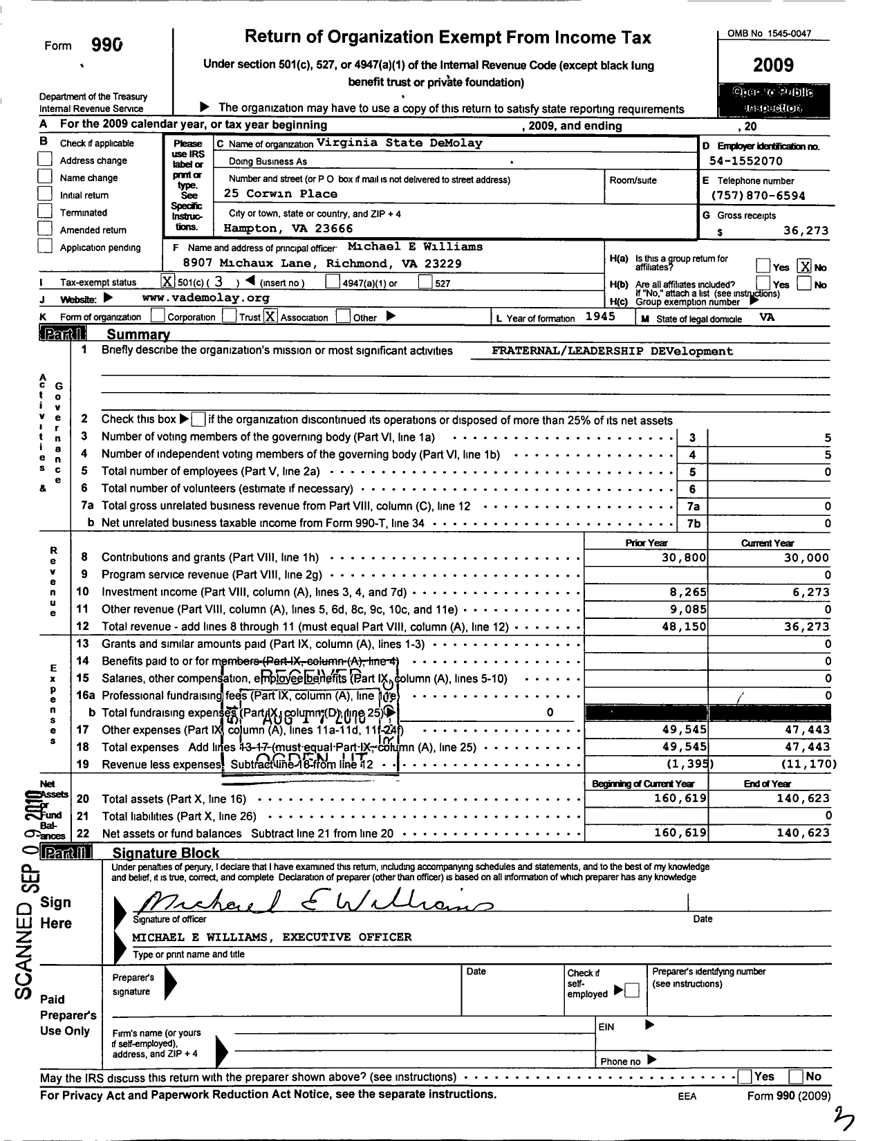 Image of first page of 2009 Form 990 for Demolay International - 47000 Virginia Demolay