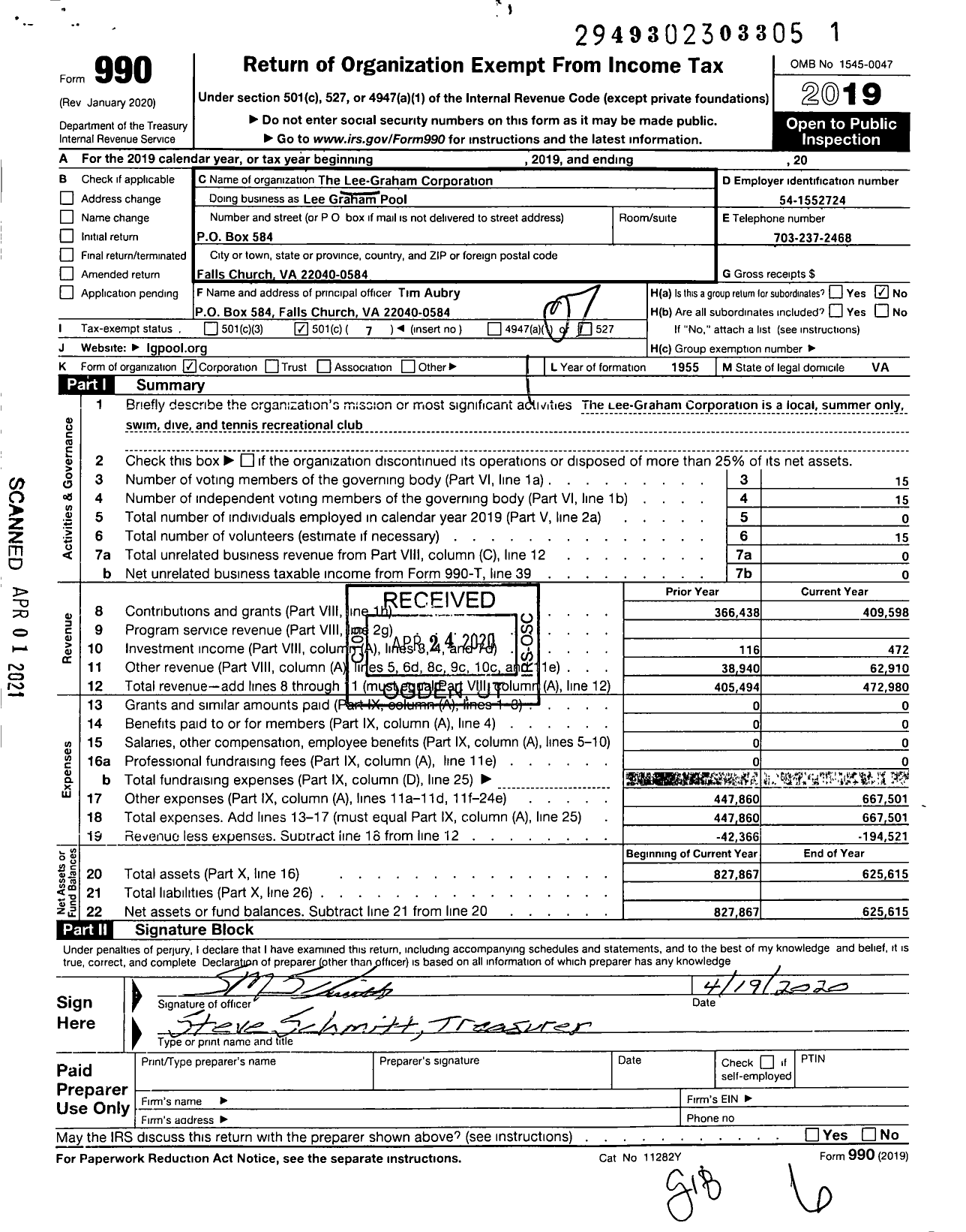 Image of first page of 2019 Form 990O for Lee-Graham Corporation