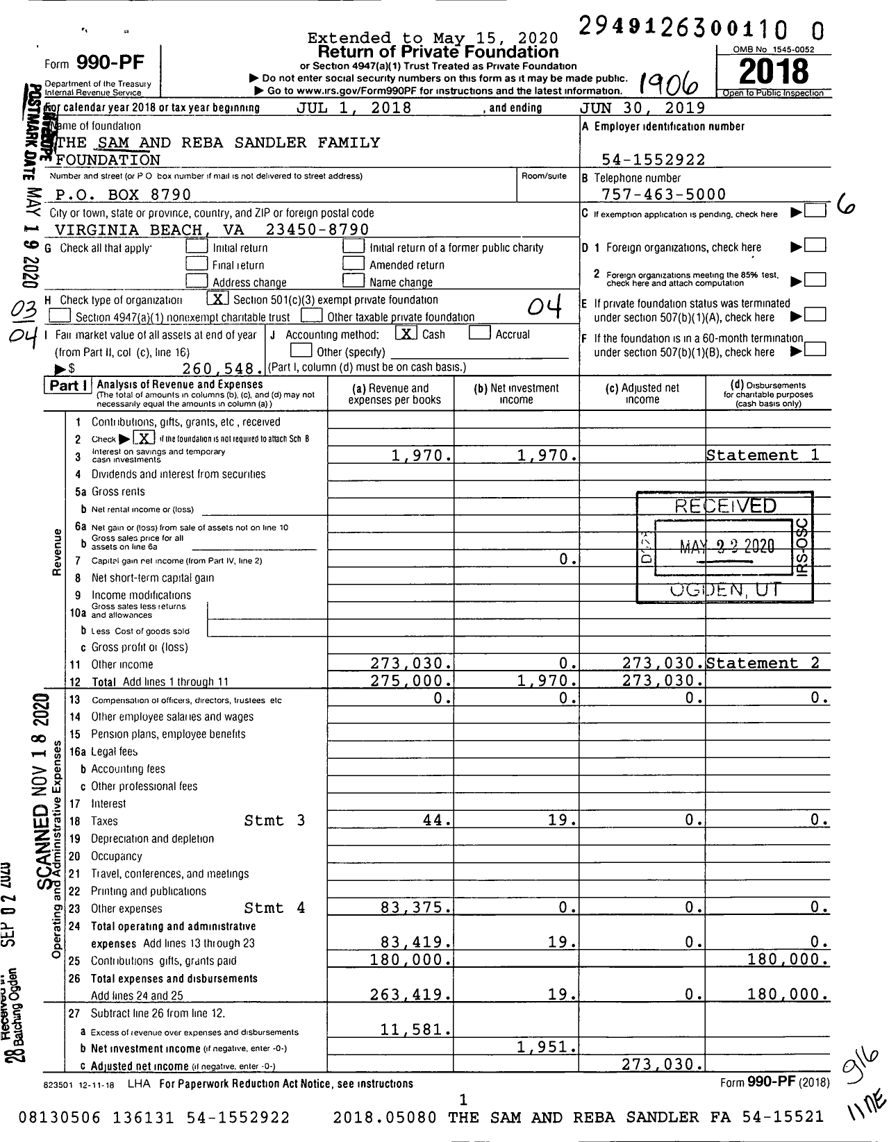 Image of first page of 2018 Form 990PF for The Sam and Reba Sandler Family Foundation