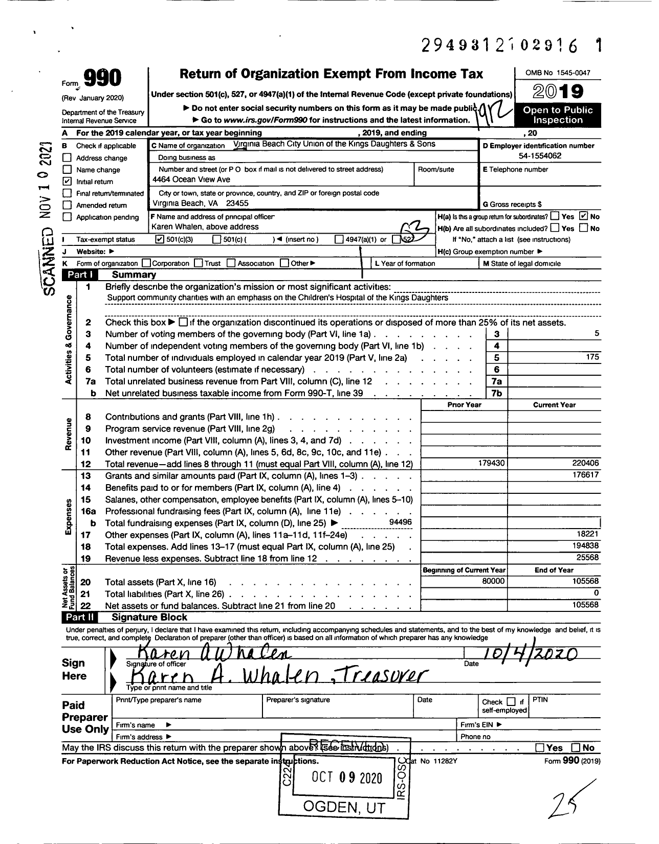 Image of first page of 2019 Form 990 for International Order of the Kings Daughters and Sons / Virginia Beach City Union