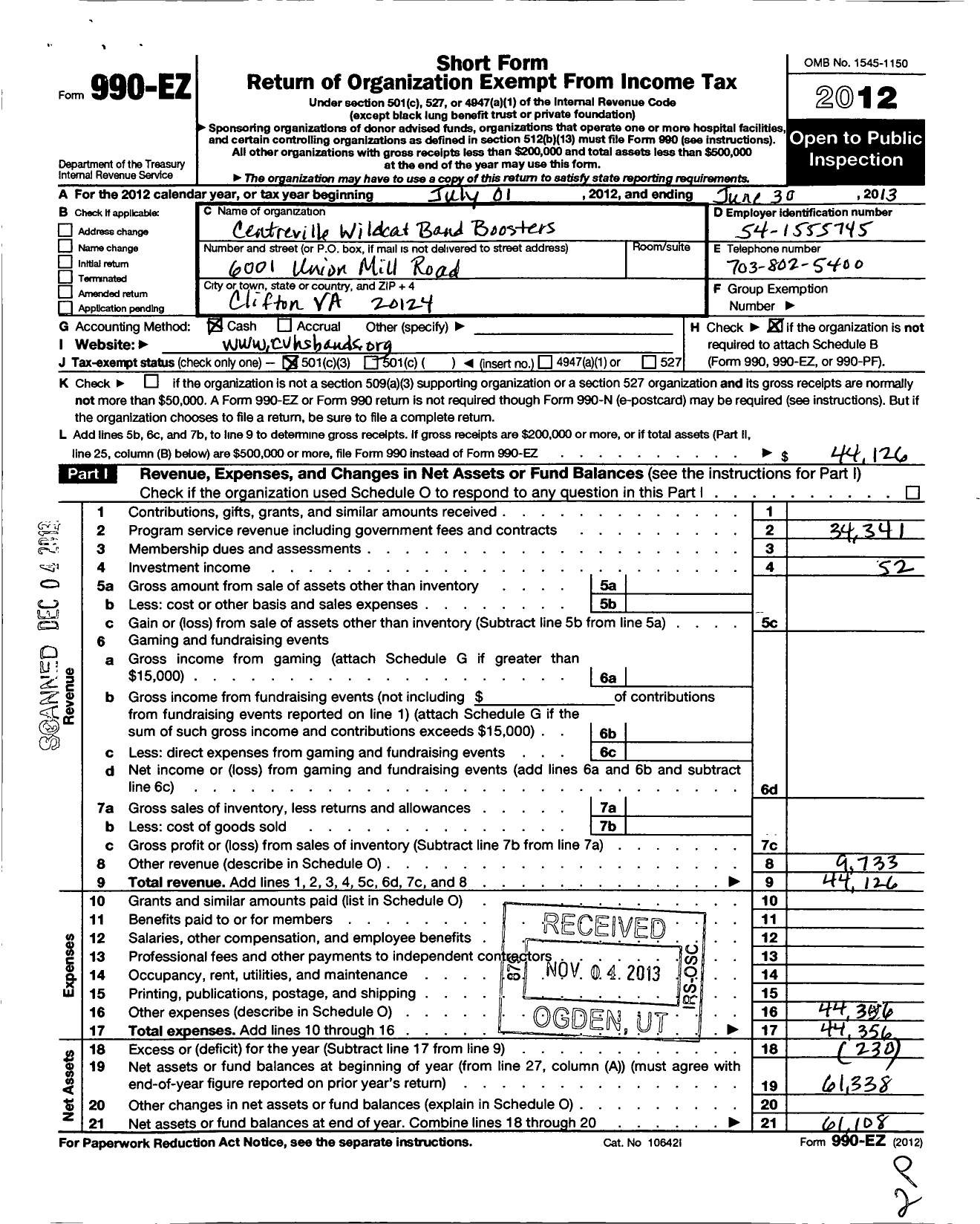 Image of first page of 2012 Form 990EZ for Centreville Wildcats Band Boosters