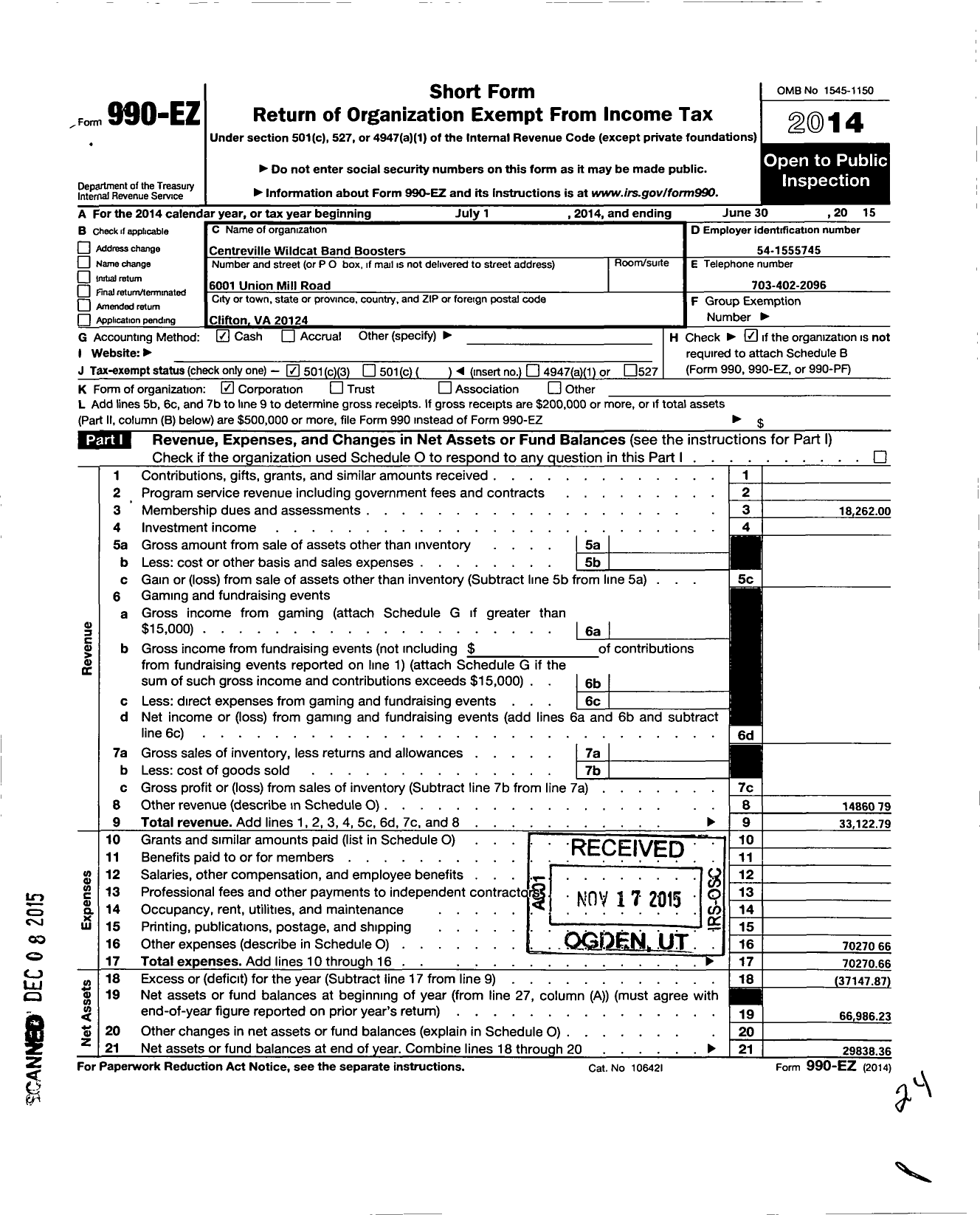 Image of first page of 2014 Form 990EZ for Centreville Wildcats Band Boosters