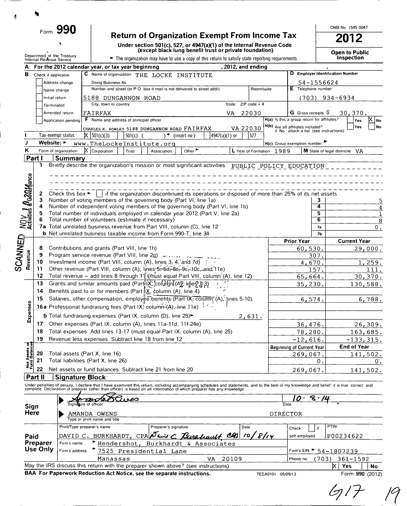 Image of first page of 2012 Form 990 for John Locke Institute