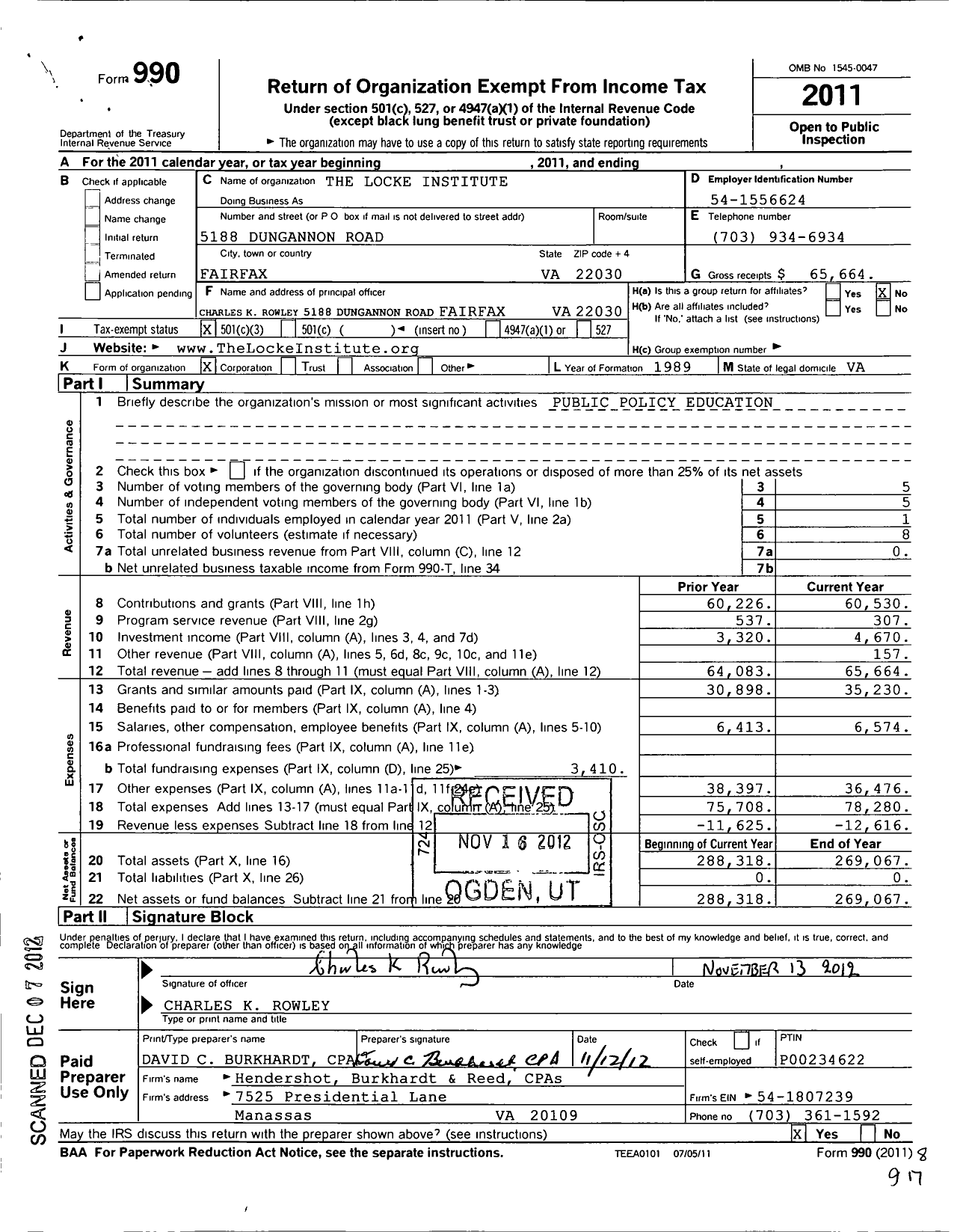 Image of first page of 2011 Form 990 for John Locke Institute