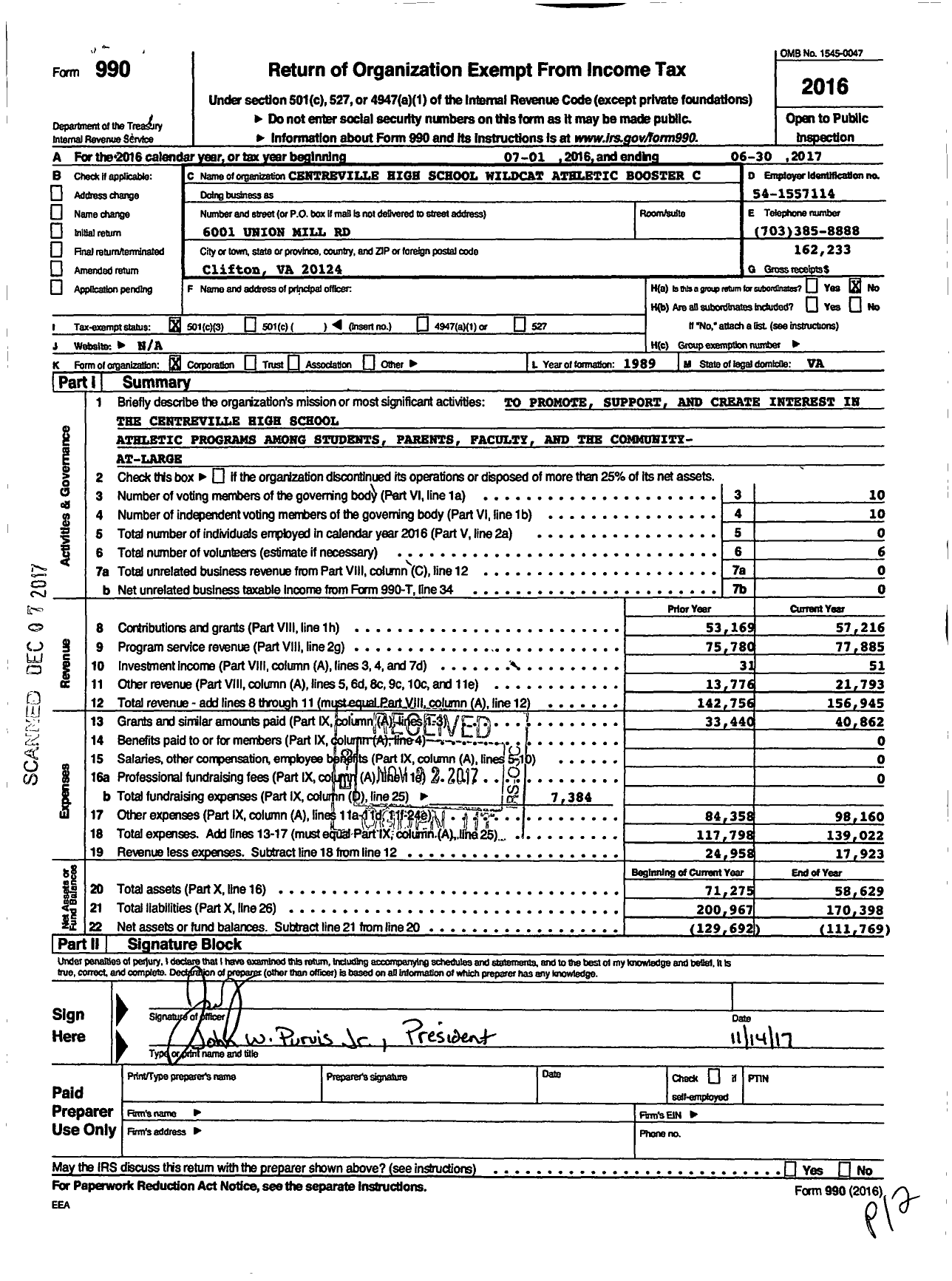 Image of first page of 2016 Form 990 for Centreville High School Wildcat Athletic Booster Club