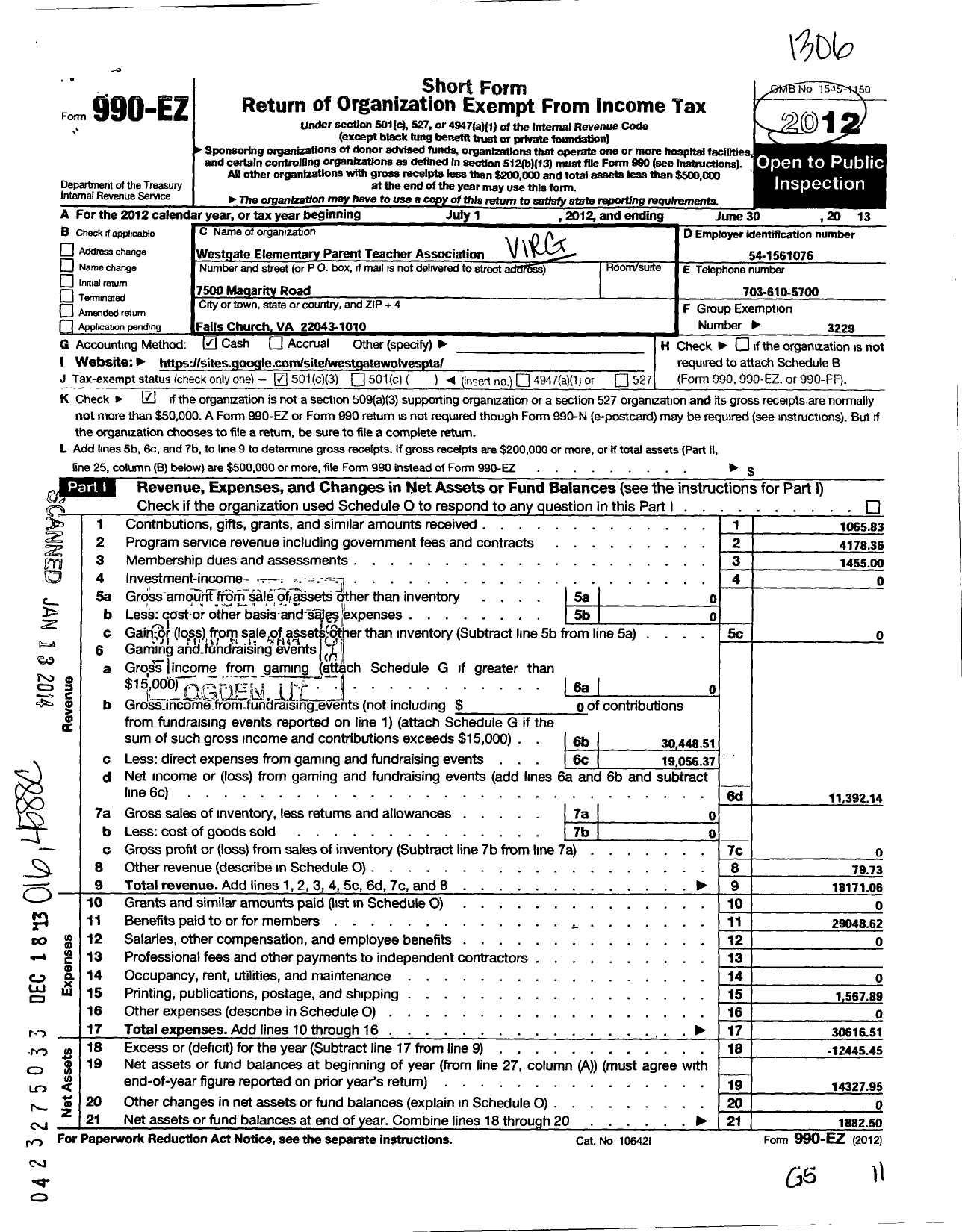 Image of first page of 2012 Form 990EZ for Virginia PTA - Westgate Elem PTA