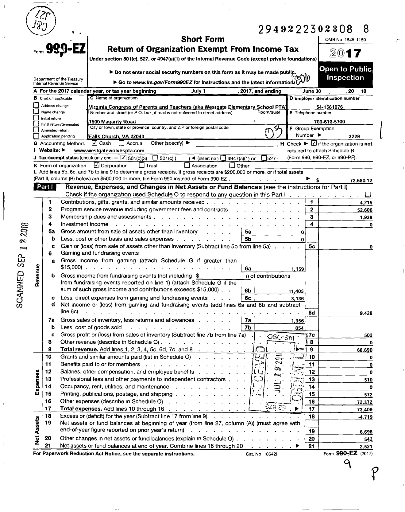 Image of first page of 2017 Form 990EZ for Virginia PTA - Westgate Elem PTA