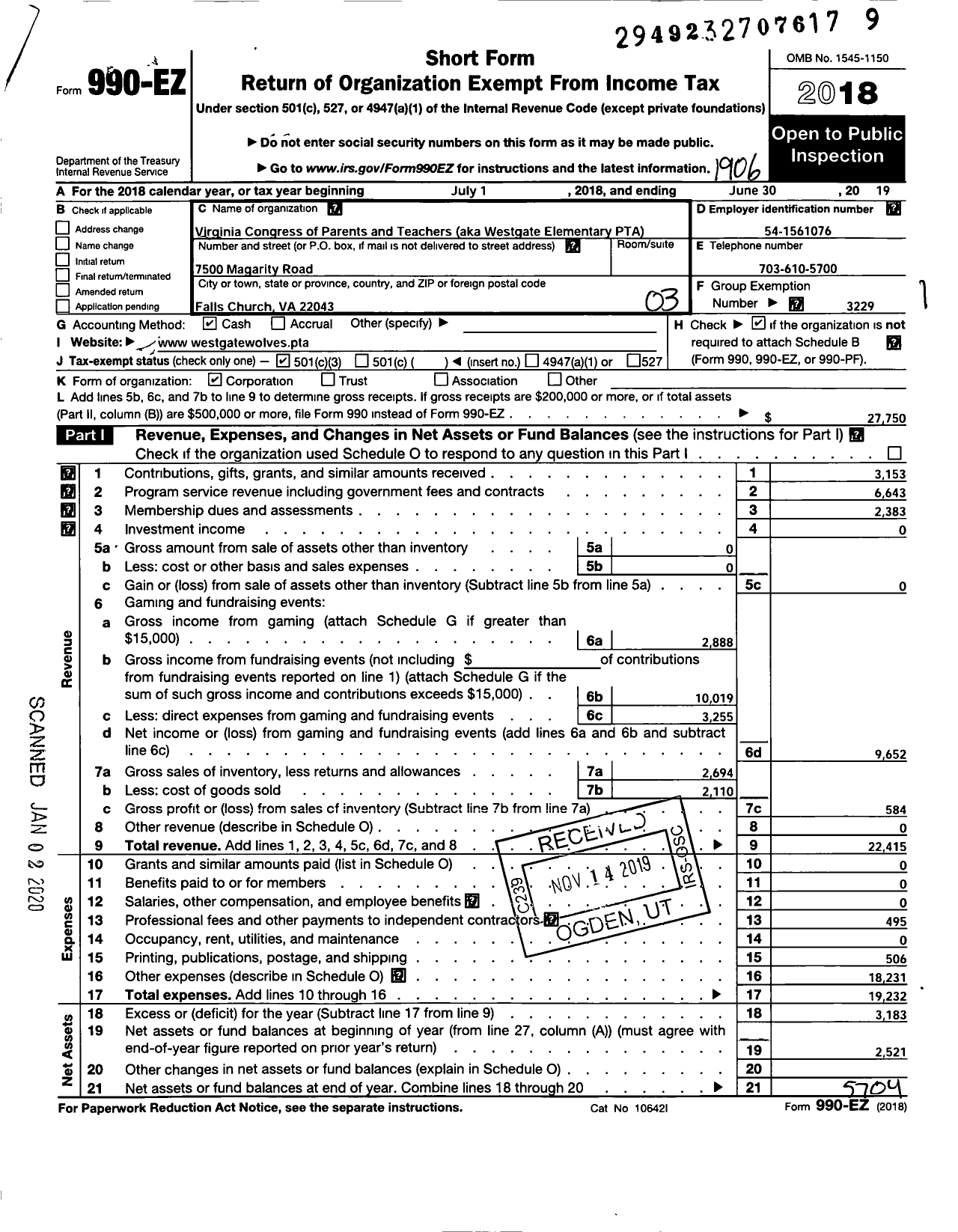 Image of first page of 2018 Form 990EZ for Virginia PTA - Westgate Elem PTA