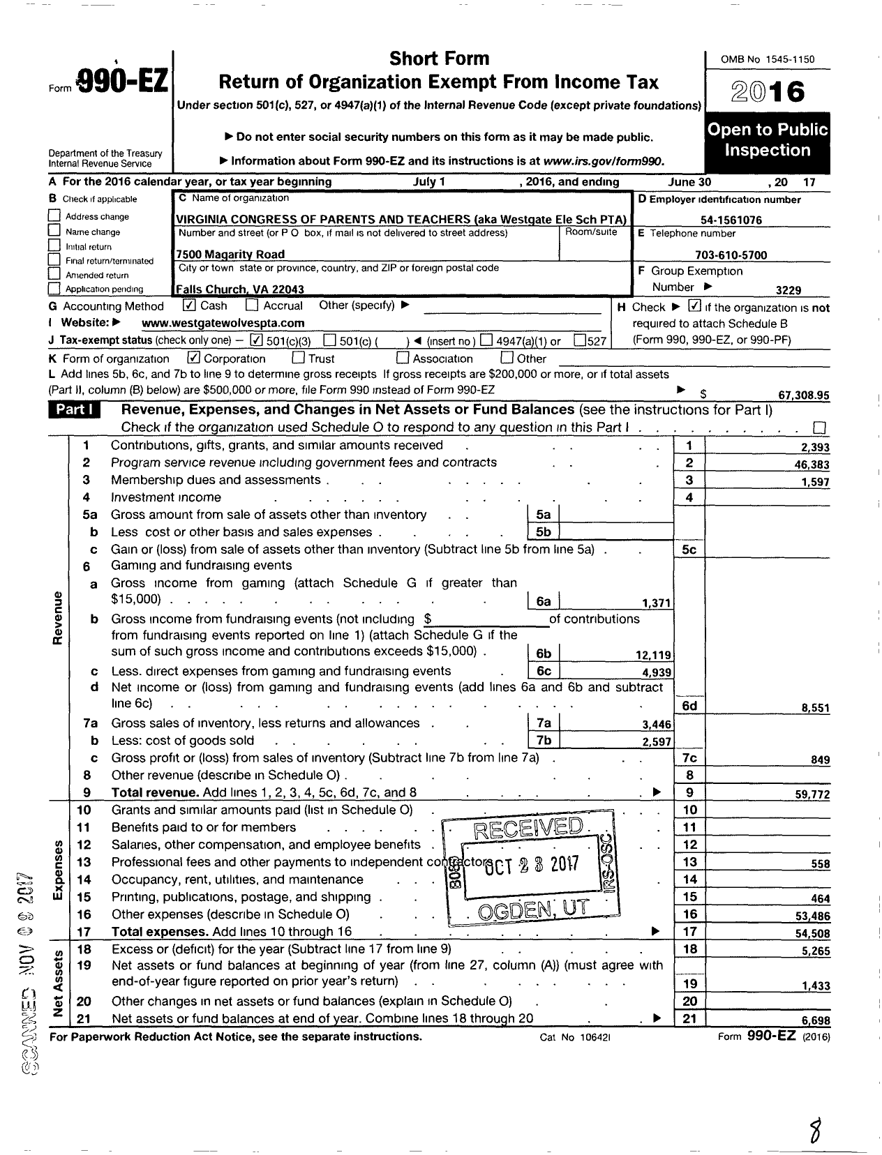 Image of first page of 2016 Form 990EZ for Virginia PTA - Westgate Elem PTA