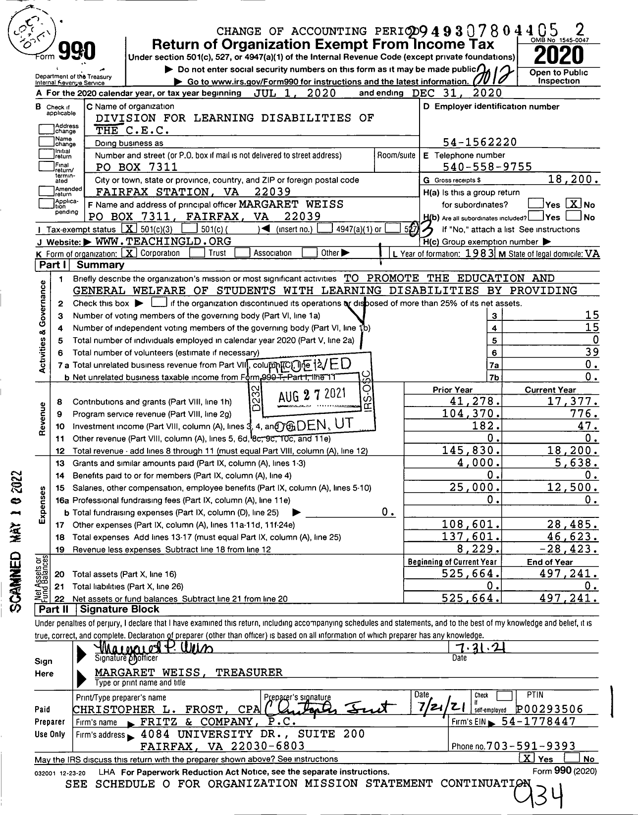 Image of first page of 2020 Form 990 for Division for Learning Disabilities of the CEC