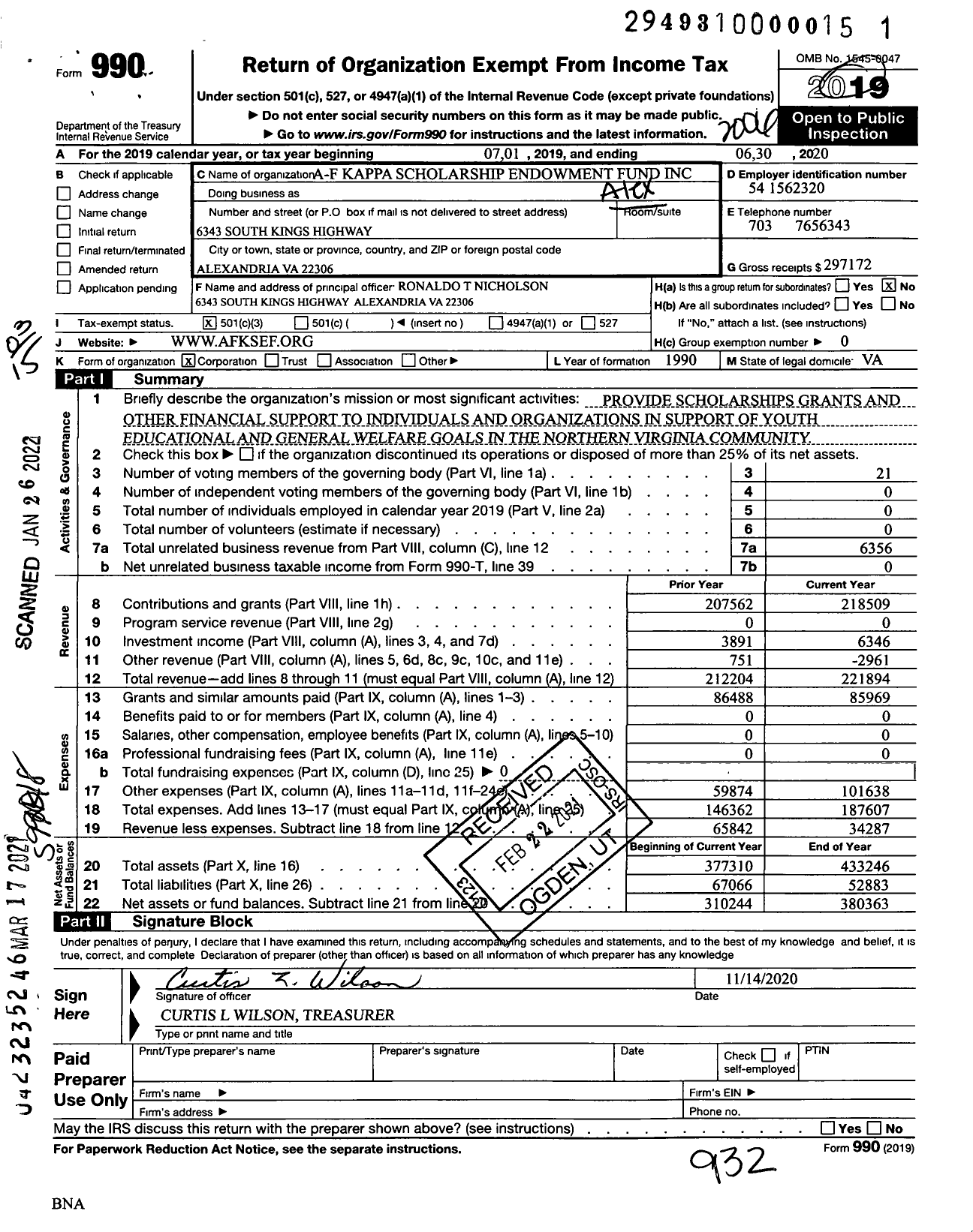 Image of first page of 2019 Form 990 for Alexandria-Fairfax Alumni Chapter Kappa Schlrship Endowment Fund