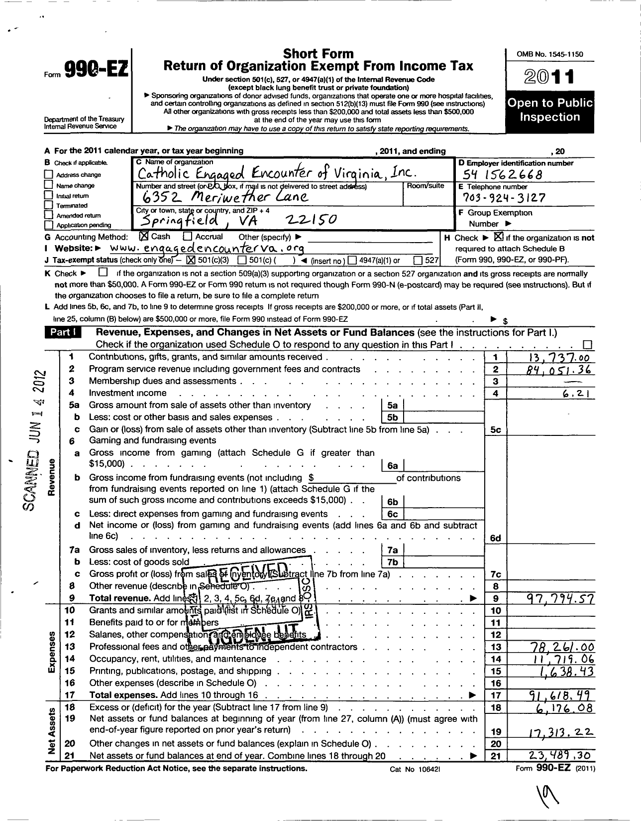 Image of first page of 2011 Form 990EZ for Catholic Engaged Encounter of Virginia