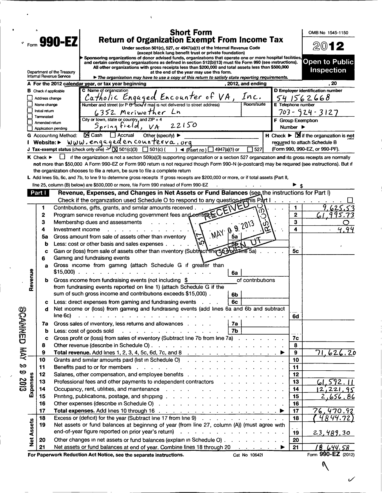 Image of first page of 2012 Form 990EZ for Catholic Engaged Encounter of Virginia