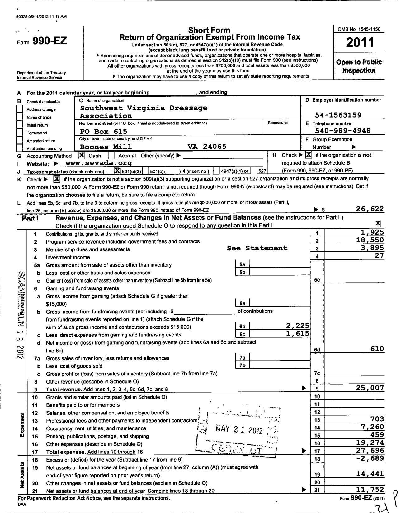 Image of first page of 2011 Form 990EZ for Southwest Virginia Dressage Association