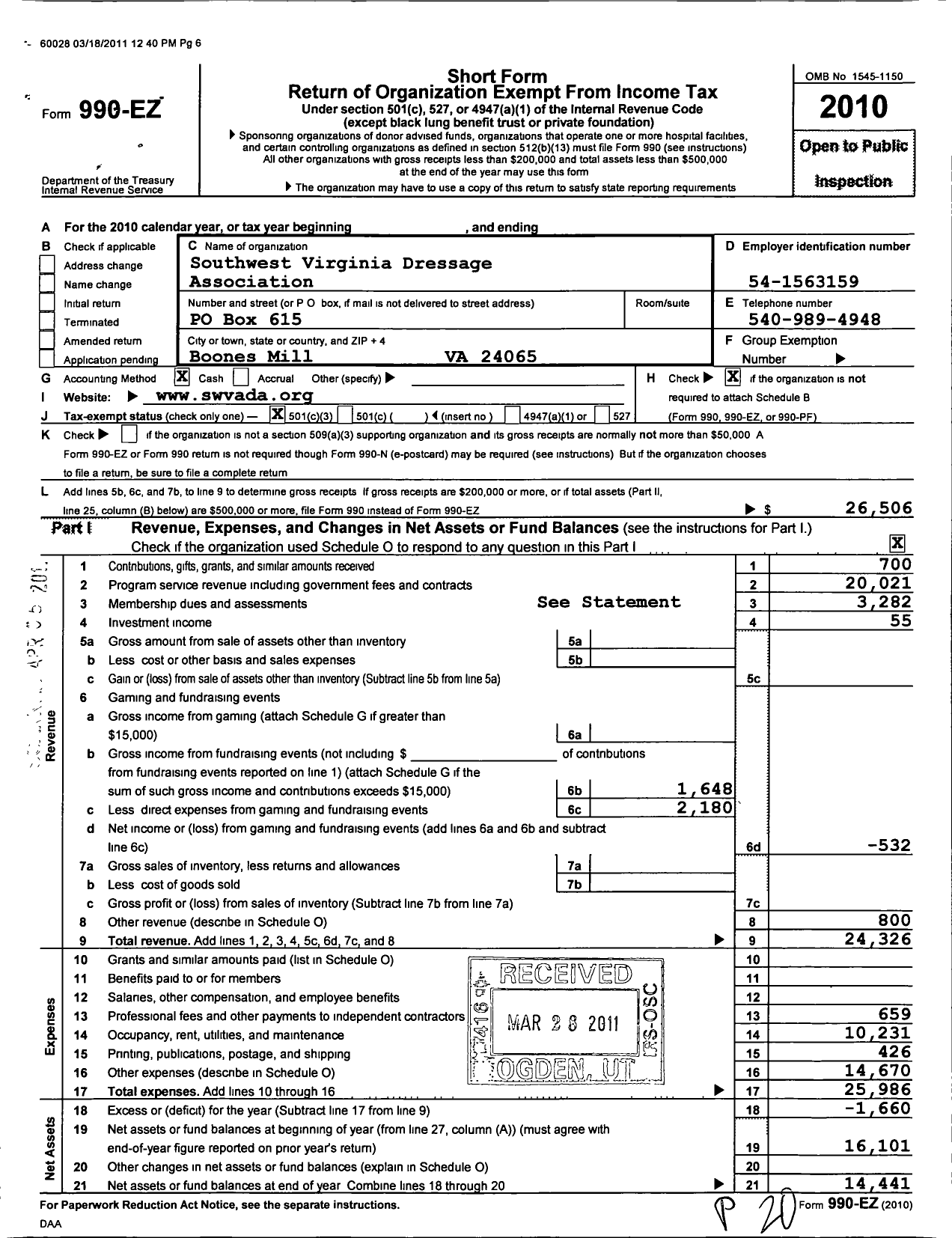 Image of first page of 2010 Form 990EZ for Southwest Virginia Dressage Association