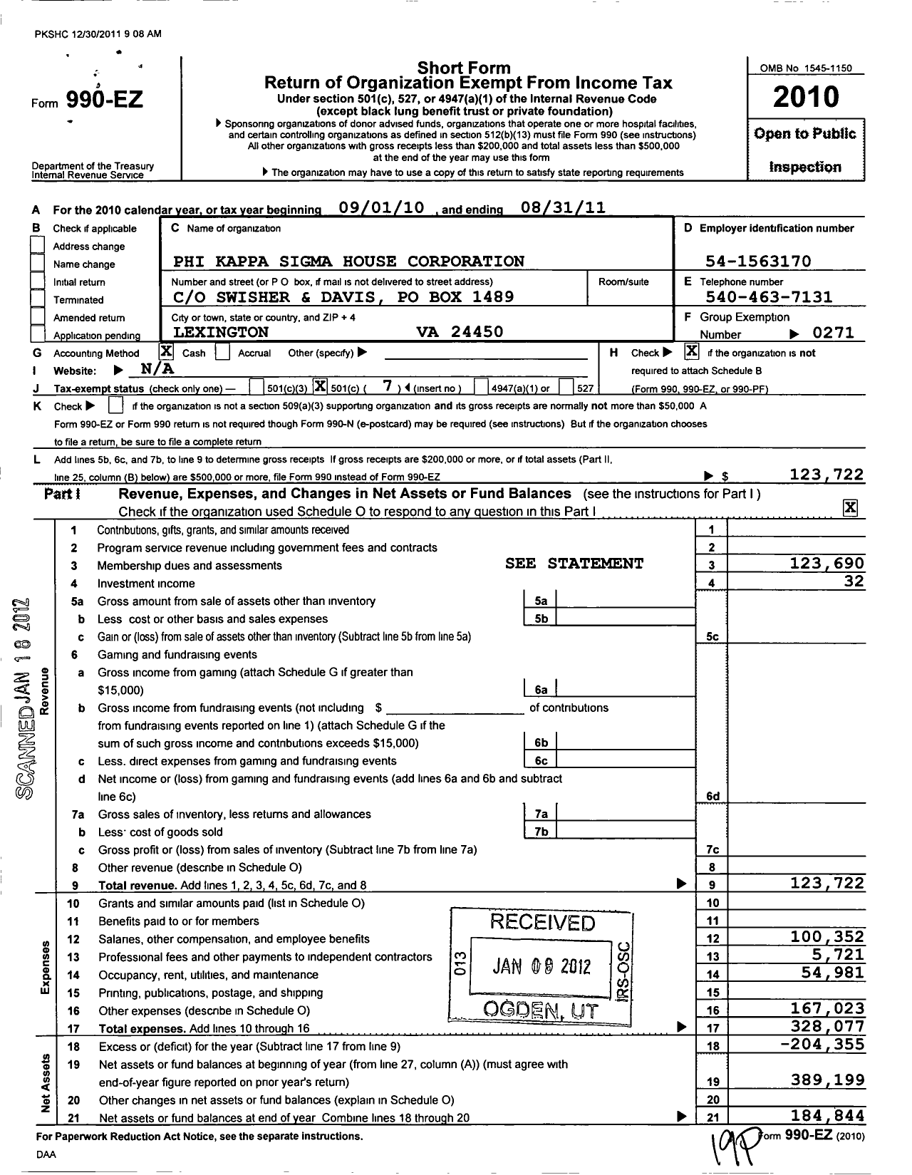 Image of first page of 2010 Form 990EO for Phi Kappa Sigma Fraternity / W & L House Corp