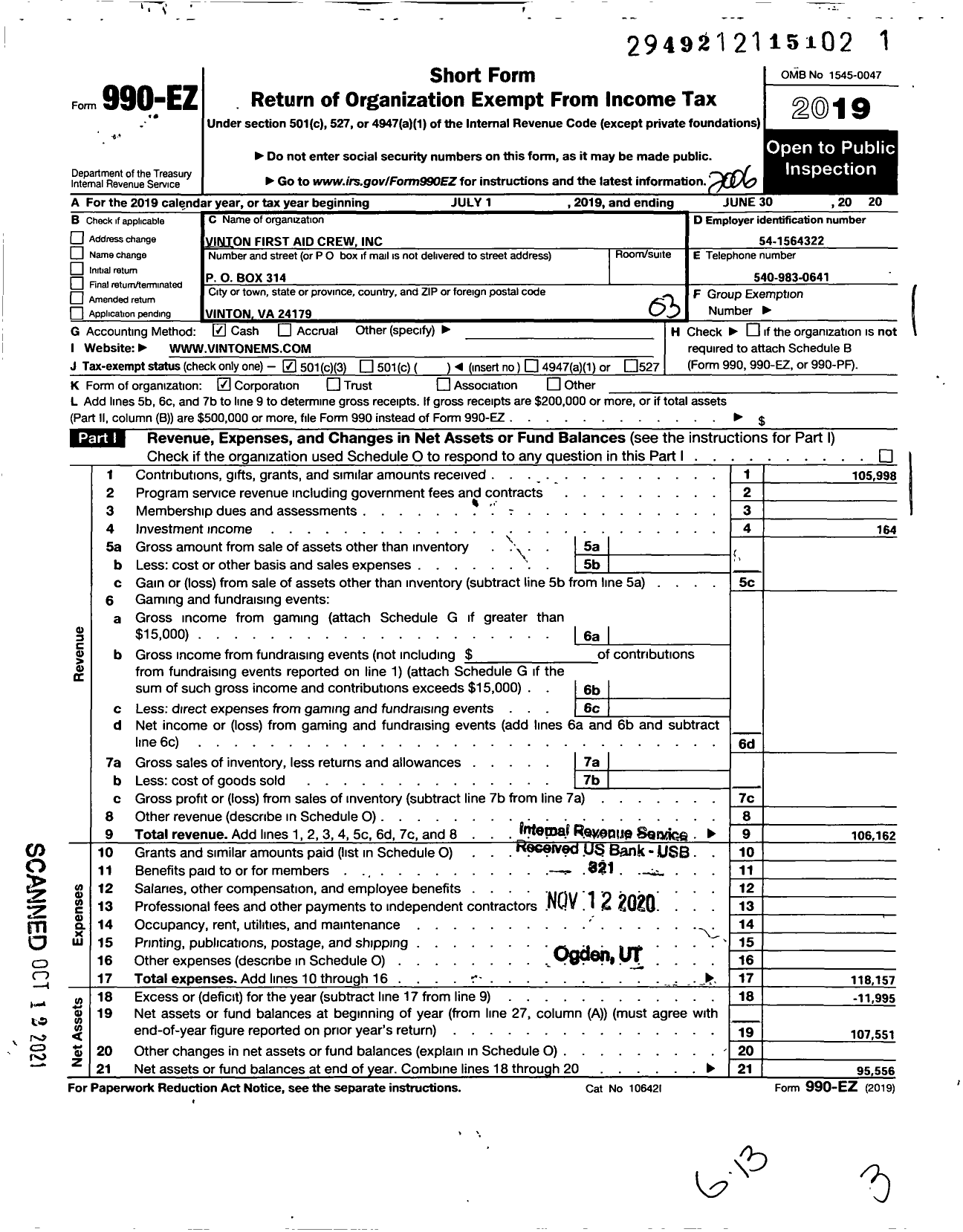 Image of first page of 2019 Form 990EZ for Vinton First Aid Crew