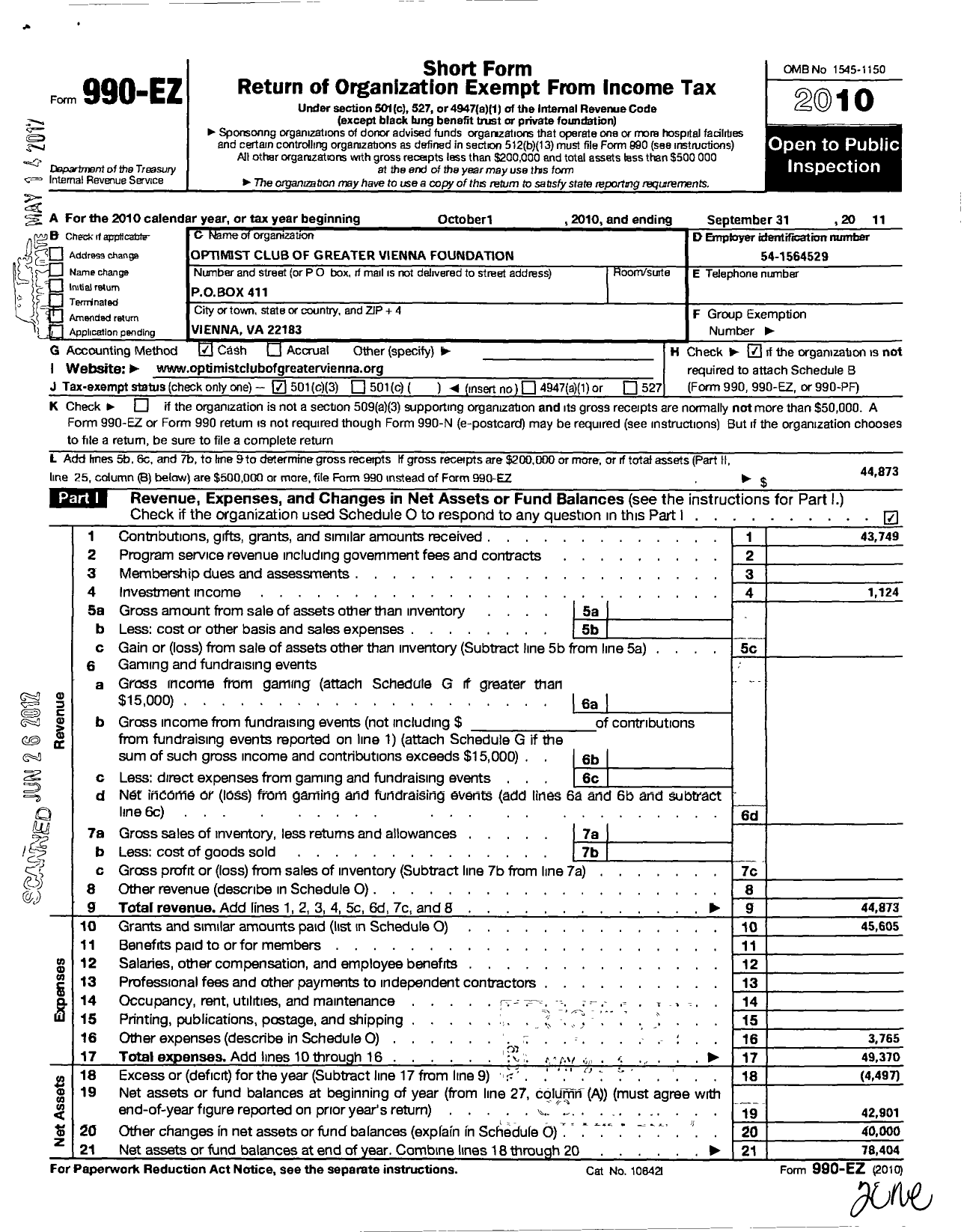 Image of first page of 2010 Form 990EZ for Optimist Club of Greater Vienna Foundation Incorporated