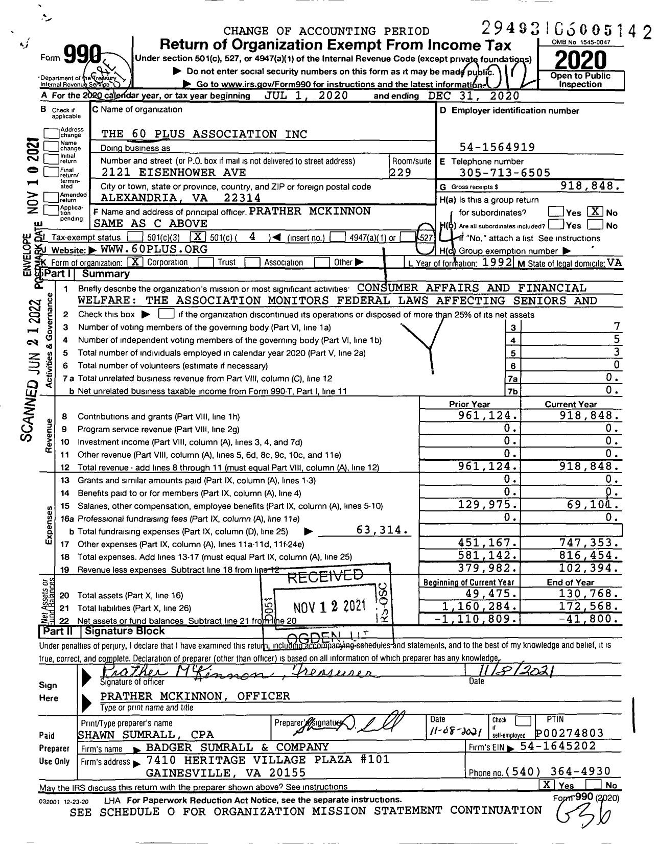 Image of first page of 2020 Form 990O for 60 Plus Association