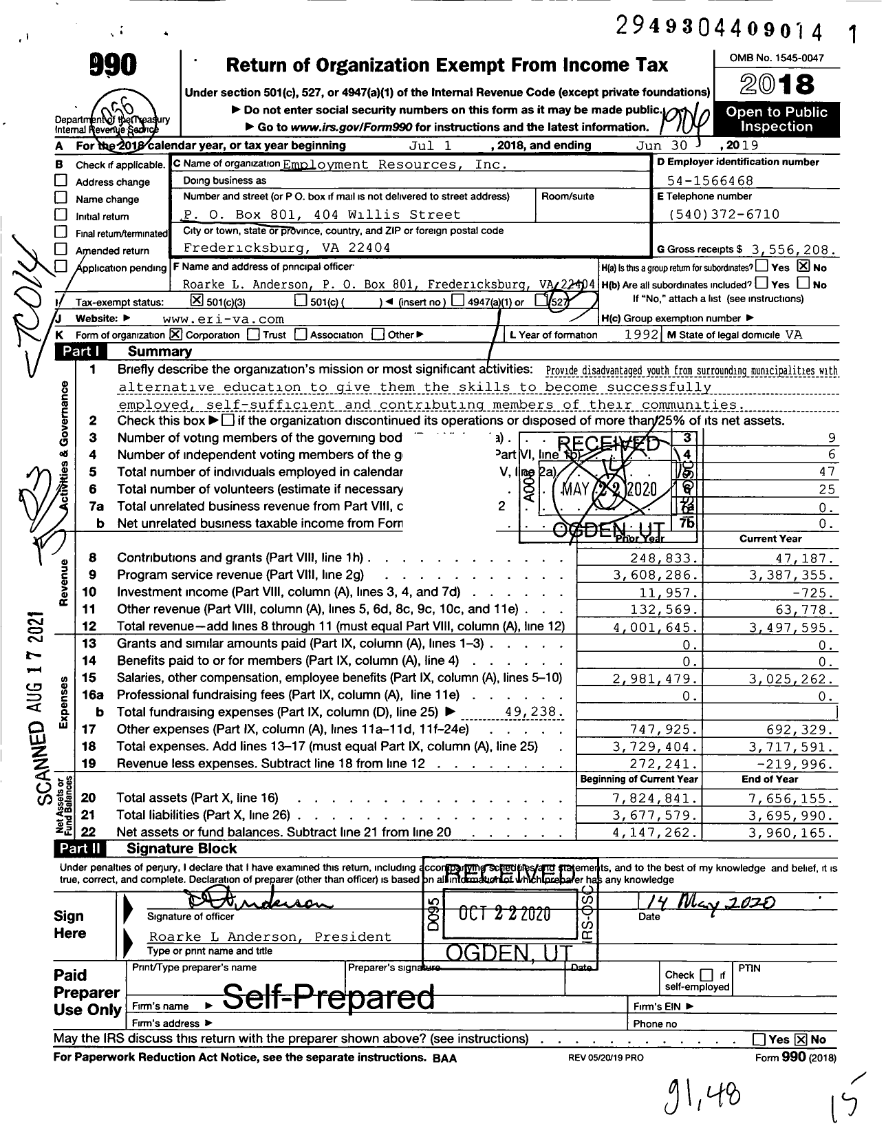 Image of first page of 2018 Form 990 for Employment Resources Incorporated (ERI)