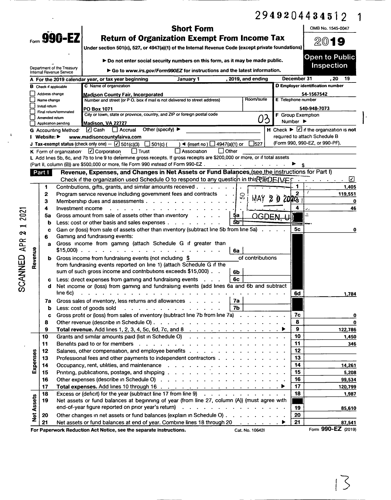 Image of first page of 2019 Form 990EZ for Madison County Fair Incorporated