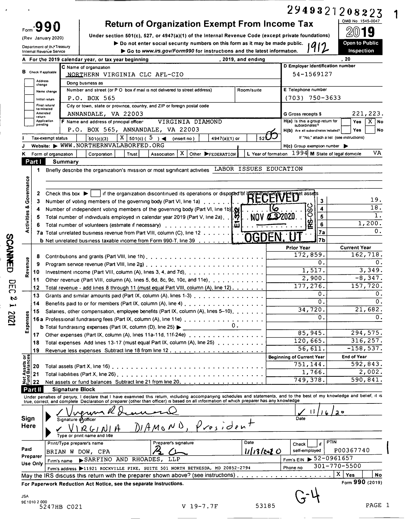 Image of first page of 2019 Form 990O for AFL-CIO - Northern Virginia CLC