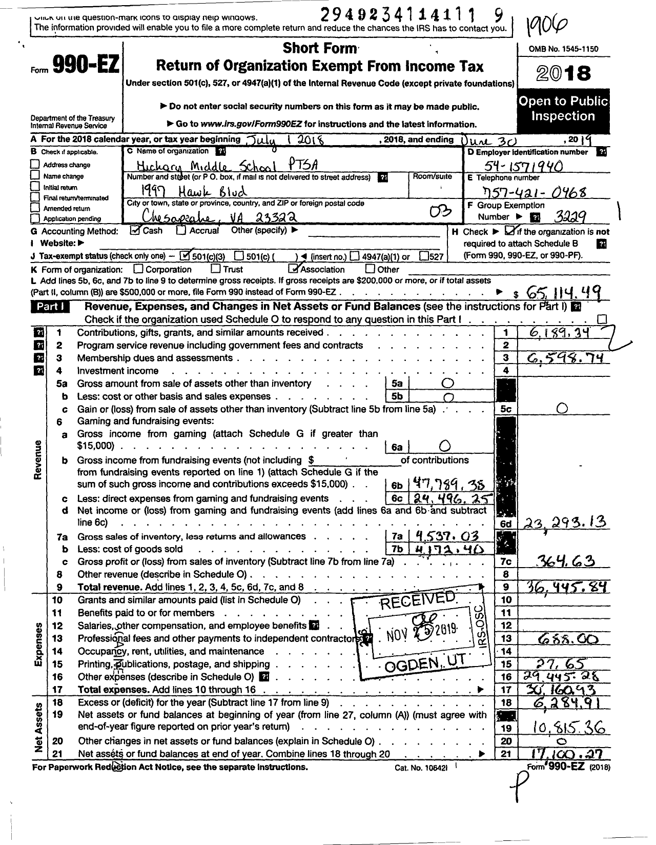 Image of first page of 2018 Form 990EZ for Virginia PTA - Hickory Middle PTA