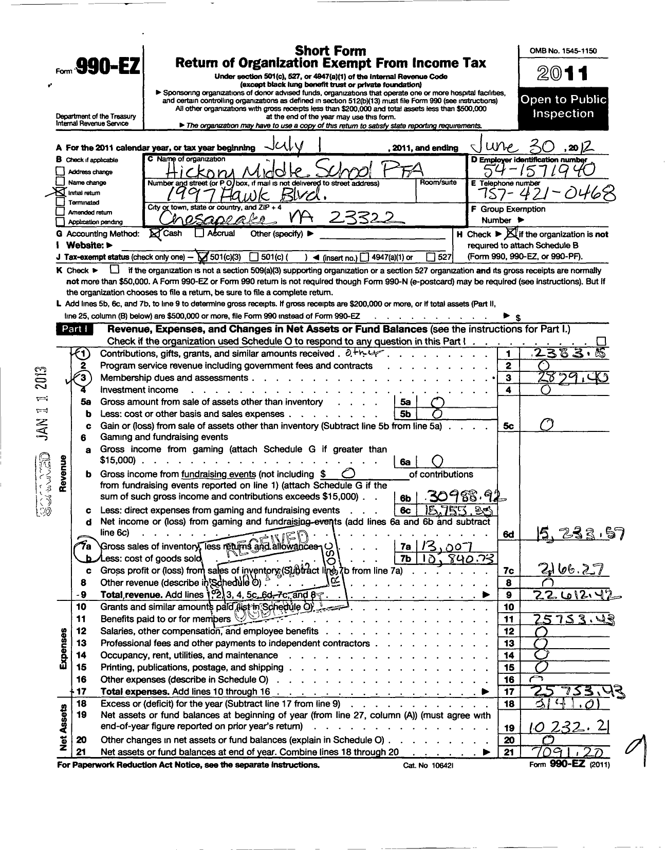 Image of first page of 2011 Form 990EZ for Virginia PTA - Hickory Middle PTA