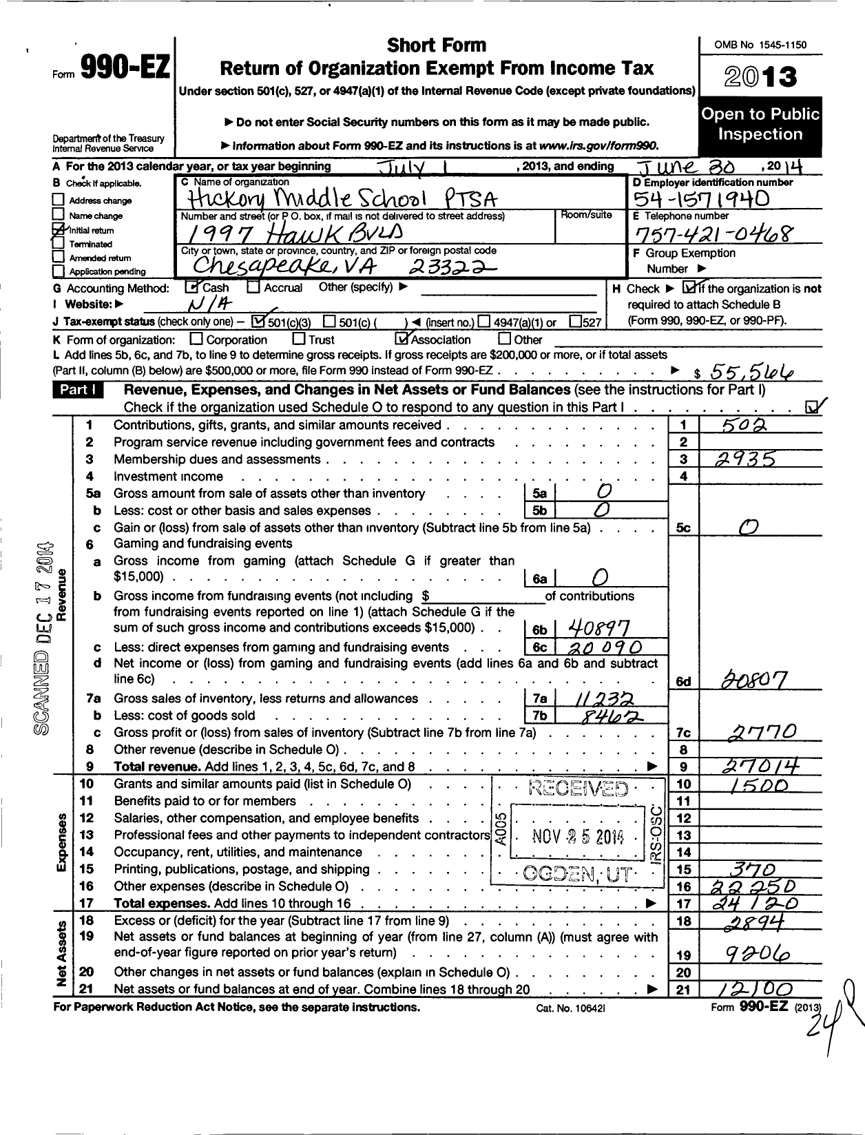 Image of first page of 2013 Form 990EZ for Virginia PTA - Hickory Middle PTA