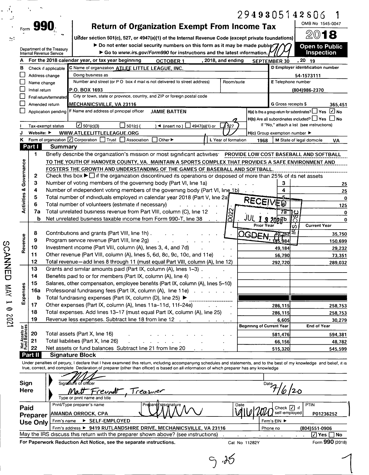 Image of first page of 2018 Form 990 for Little League Baseball - 3460515 Atlee LL