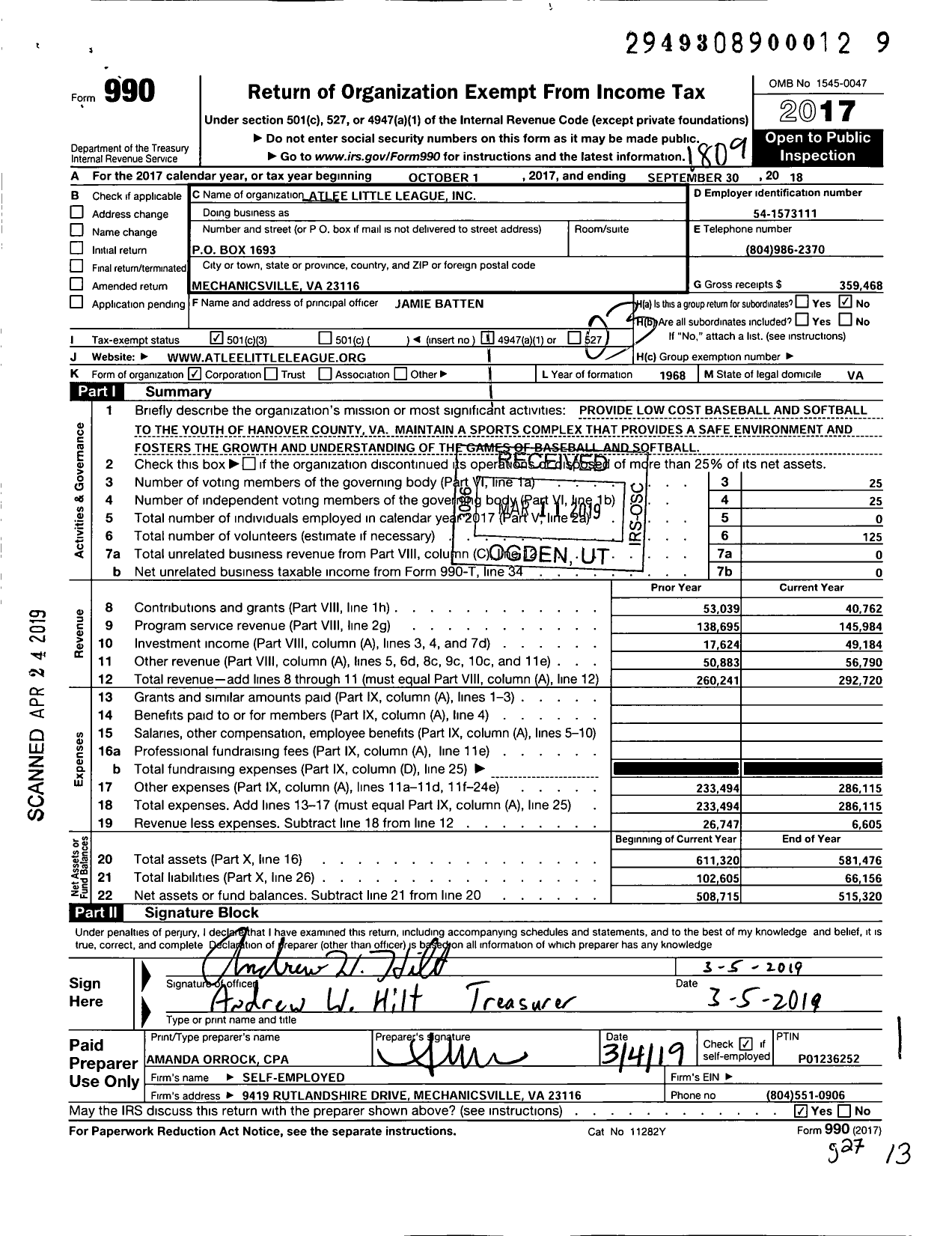 Image of first page of 2017 Form 990 for Little League Baseball - 3460515 Atlee LL