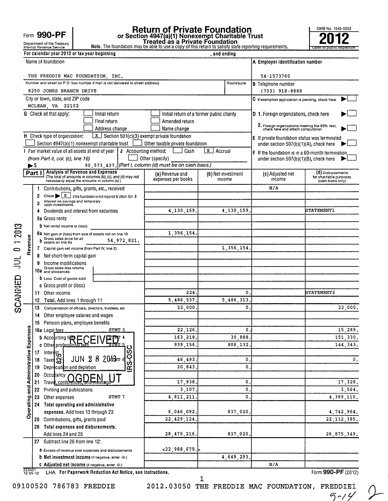 Image of first page of 2012 Form 990PF for Freddie Mac