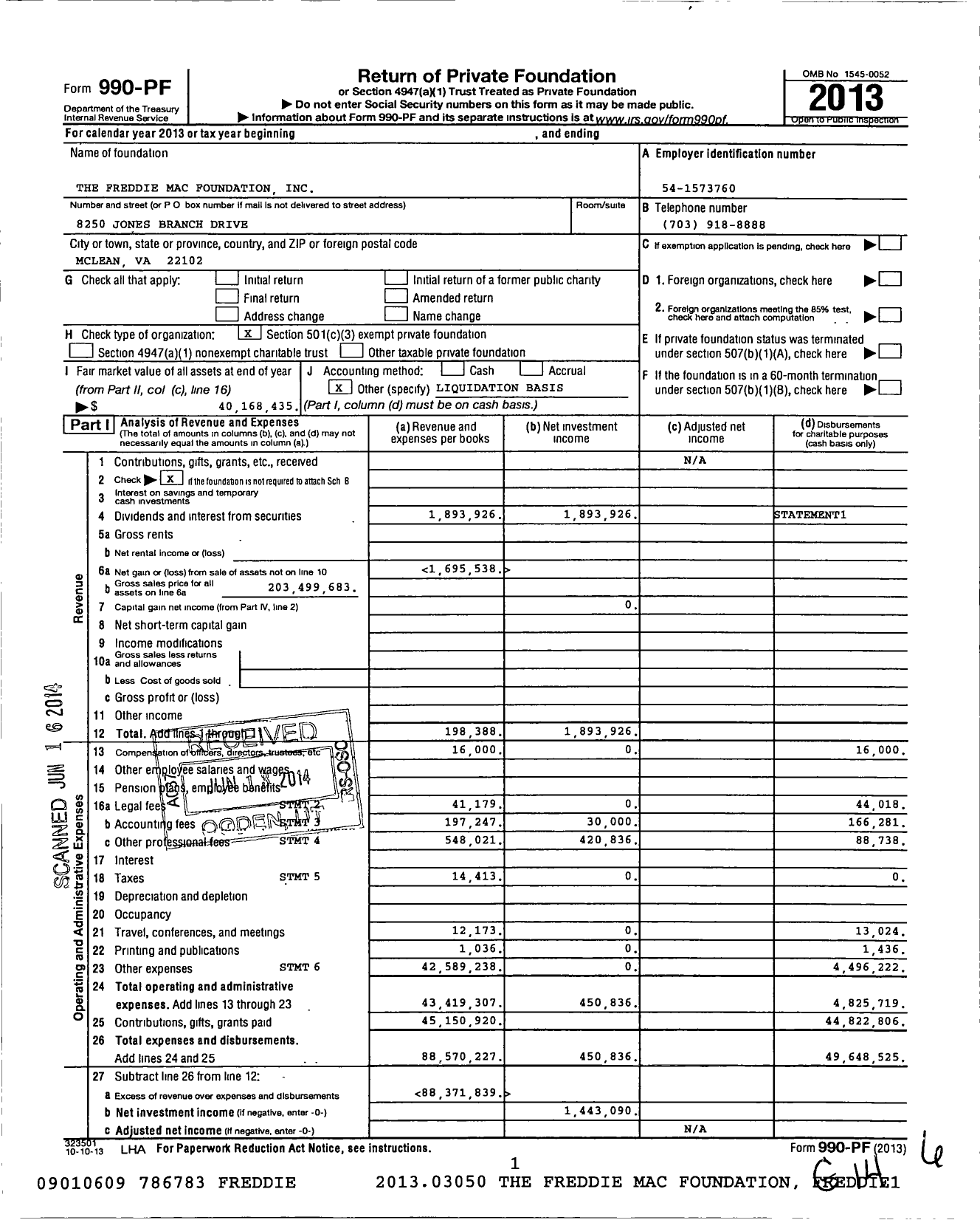 Image of first page of 2013 Form 990PF for Freddie Mac