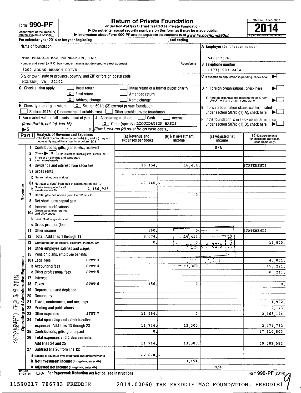 Image of first page of 2014 Form 990PF for Freddie Mac