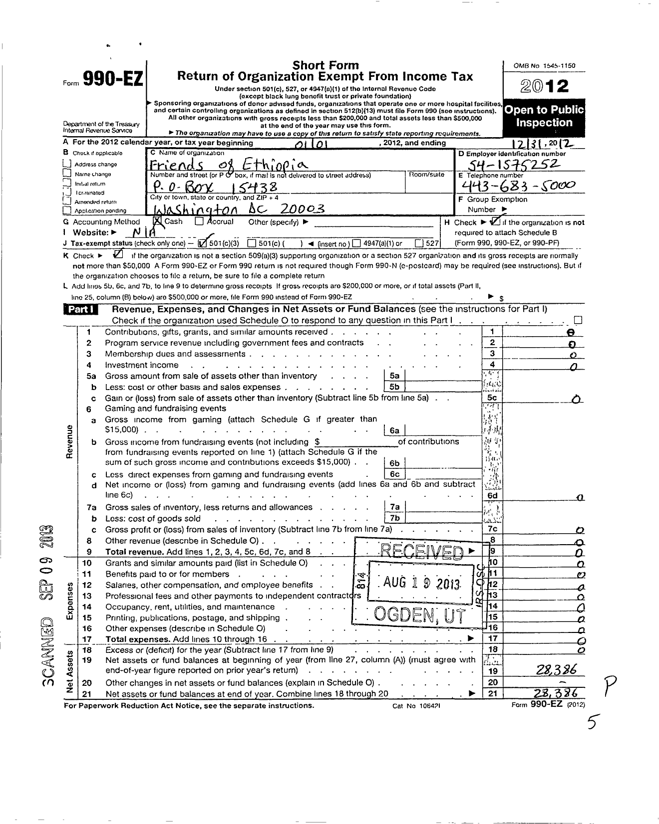 Image of first page of 2012 Form 990EZ for Friends of Ethiopia