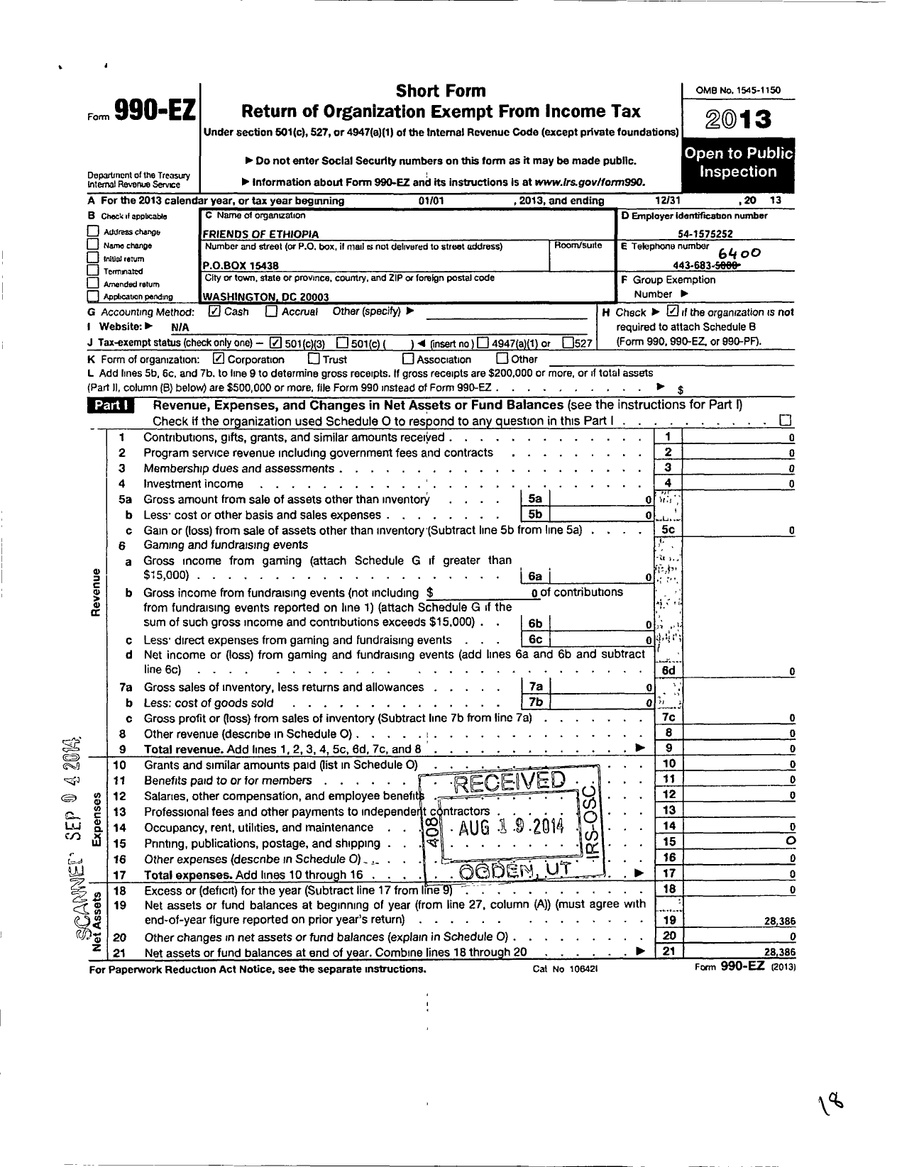 Image of first page of 2013 Form 990EZ for Friends of Ethiopia