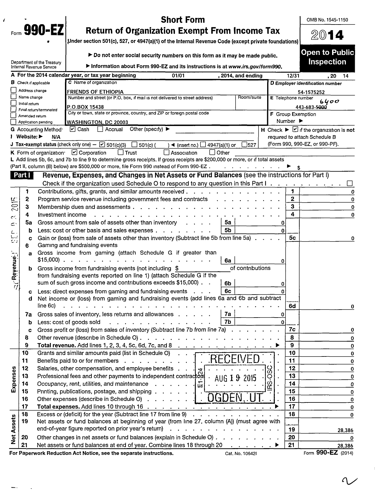 Image of first page of 2014 Form 990EZ for Friends of Ethiopia