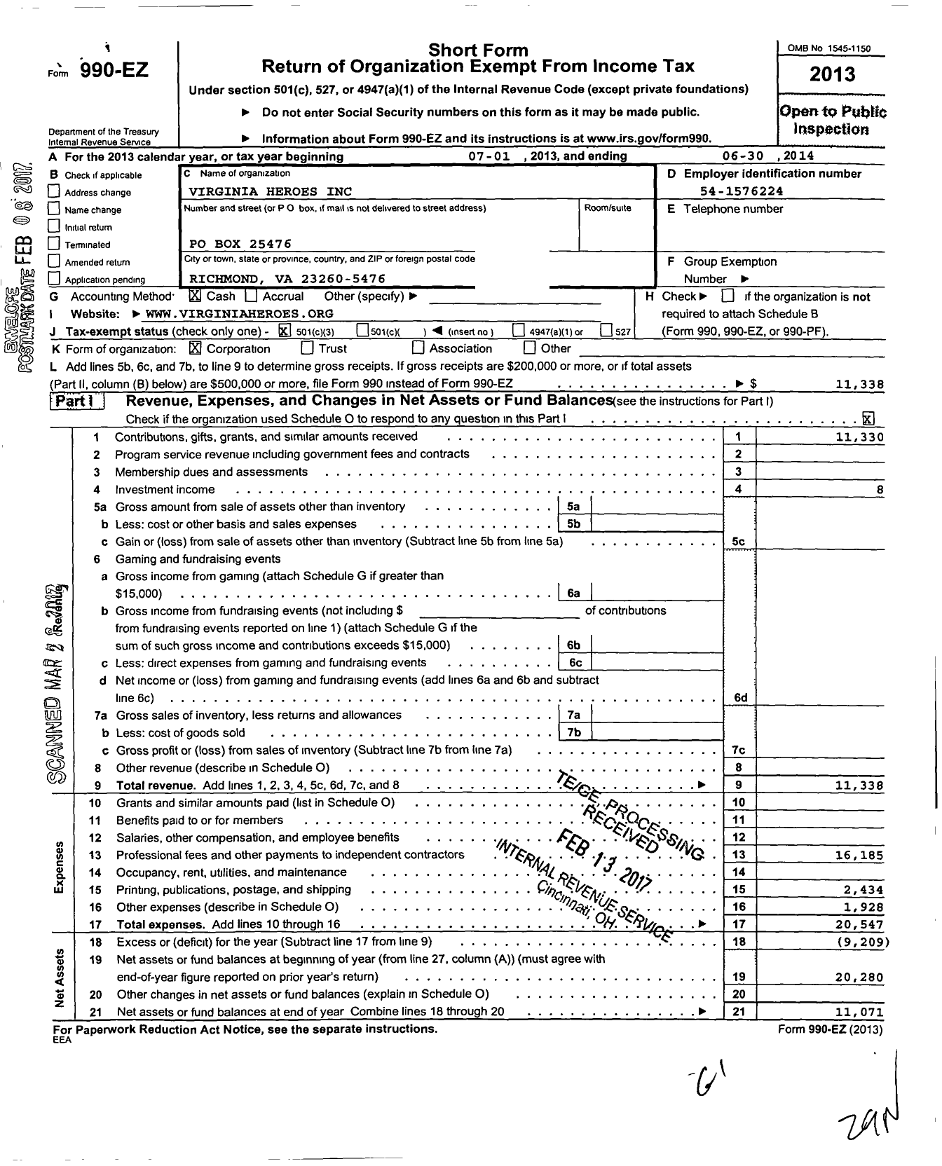 Image of first page of 2013 Form 990EZ for Virginia Heroes