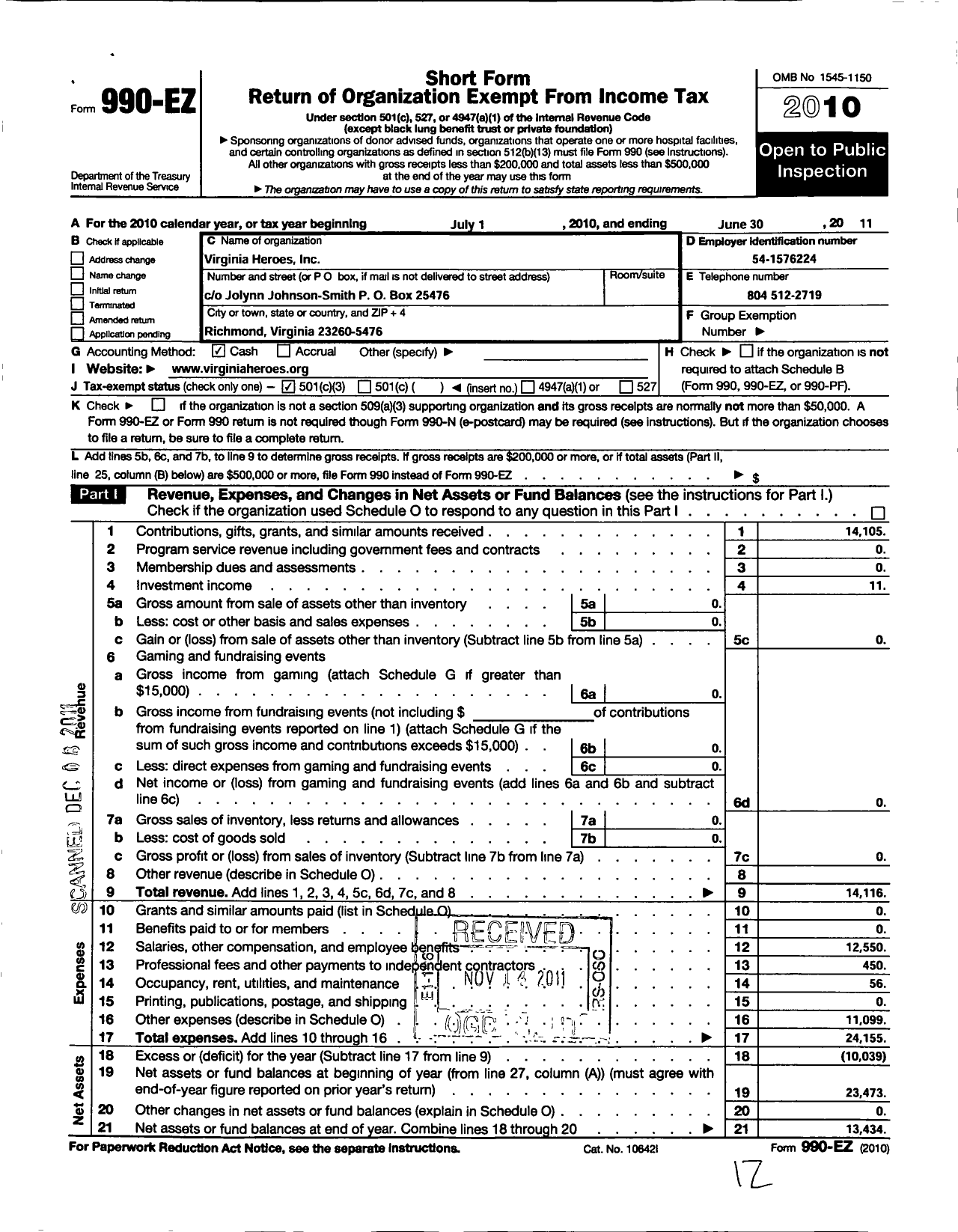 Image of first page of 2010 Form 990EZ for Virginia Heroes