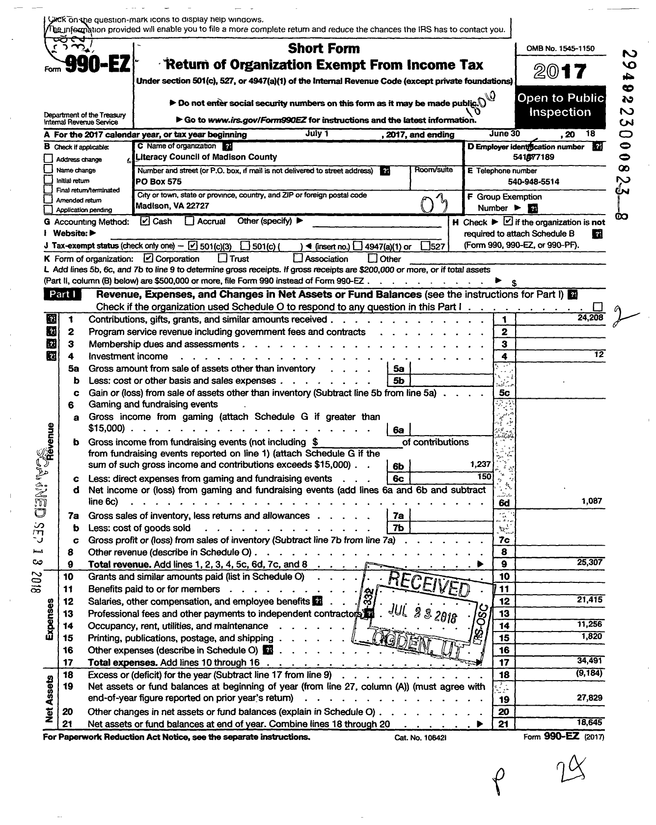 Image of first page of 2017 Form 990EZ for Literacy Council of Madison County