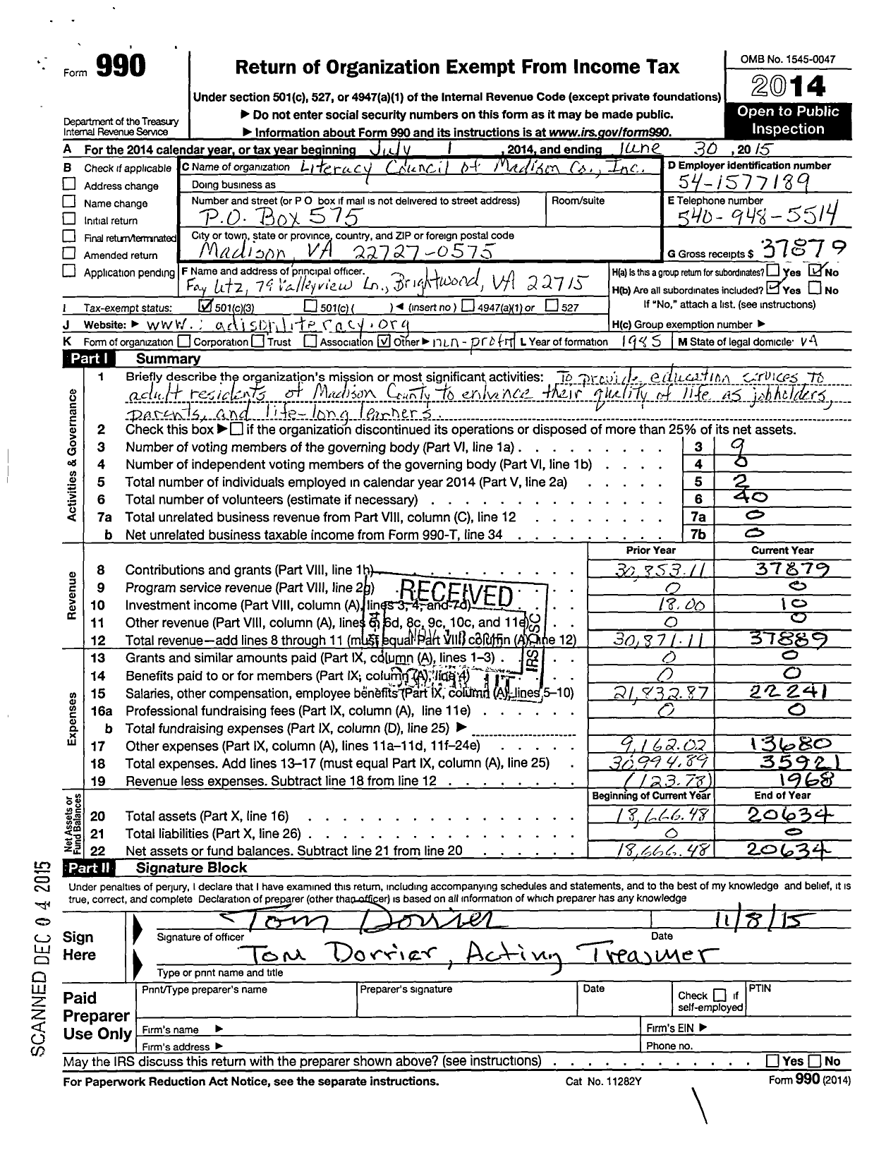 Image of first page of 2014 Form 990 for Literacy Council of Madison County