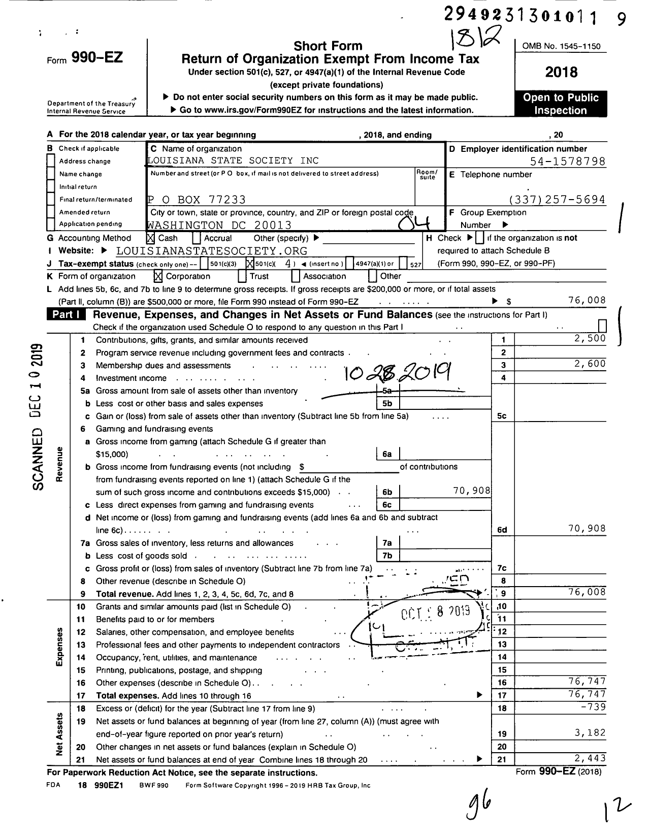 Image of first page of 2018 Form 990EO for Louisiana State Society