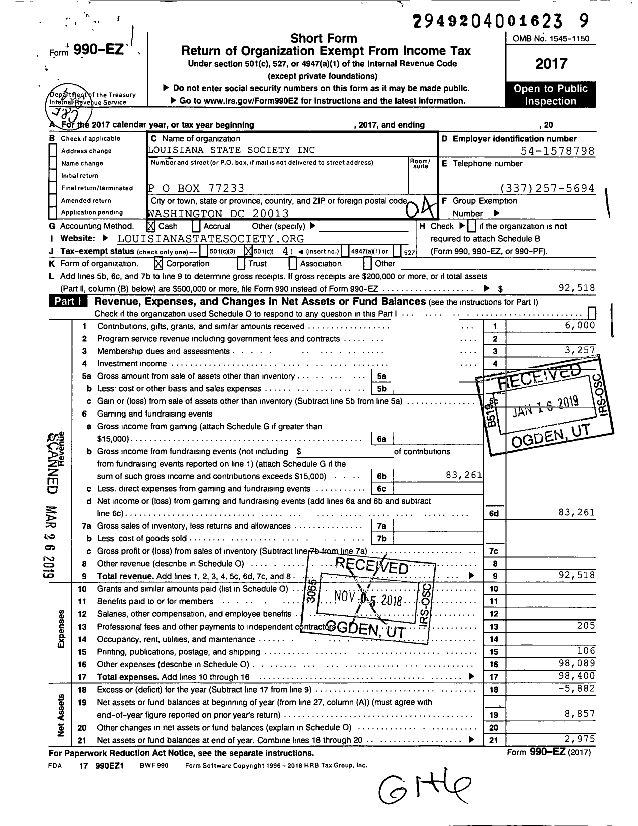 Image of first page of 2017 Form 990EO for Louisiana State Society