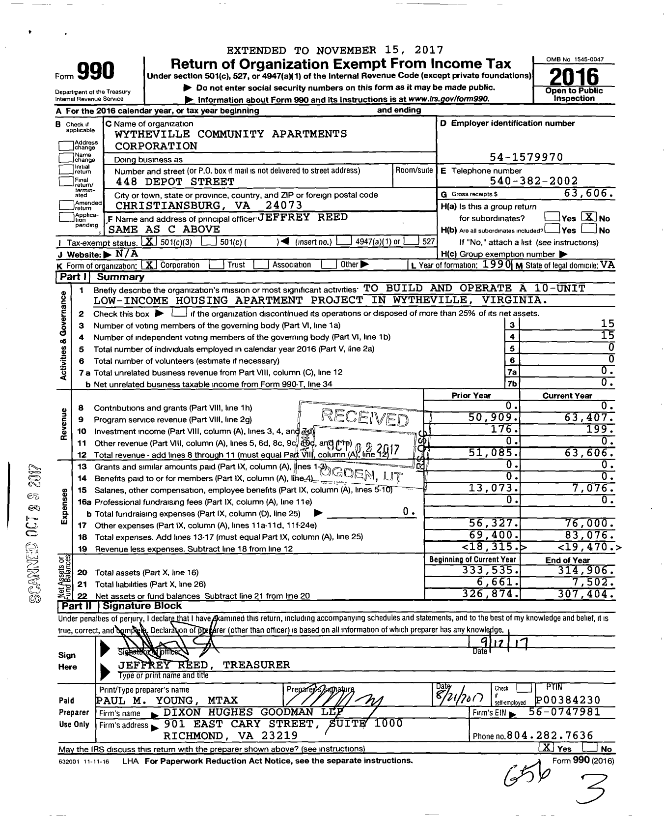 Image of first page of 2016 Form 990 for Wytheville Community Apartments Corporation